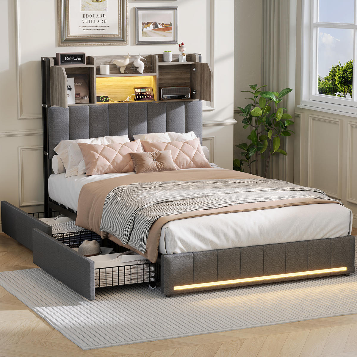 POLSTERBETT 90x200 cm in Grau mit Schubladen,Stauraum Kopfteil & LED - Grau, Holz/Metall (90/200cm) - PARAFTA HOME