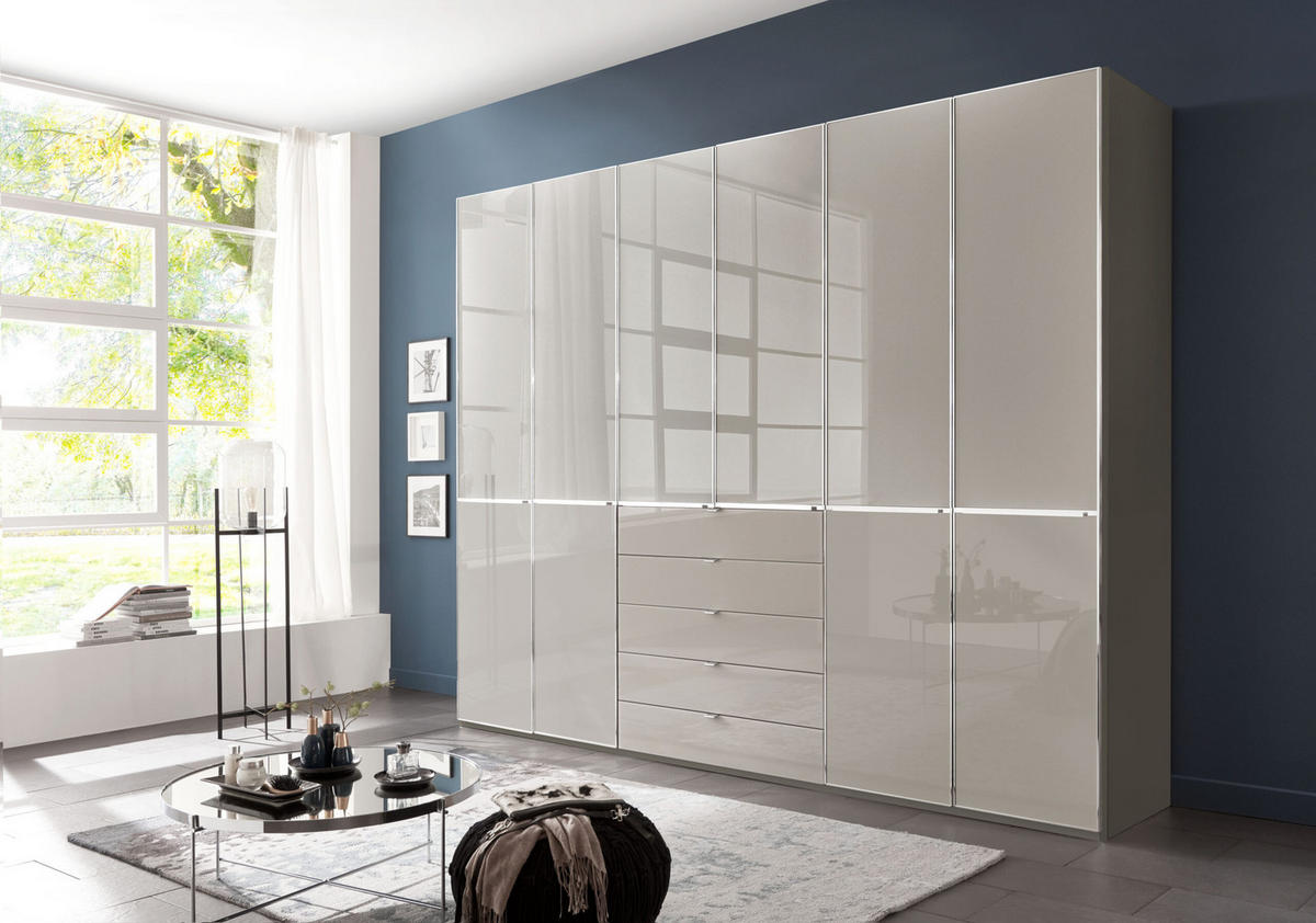 SCHLAFZIMMER Sentara in Havanna und Kieselgrau 4-teilig mit Kleiderschrank 300cm Breite inklusive Beleuchtung, Doppelbett 180x200cm, zwei Nachttische - Braun, Holzwerkstoff (80/200/120cm)