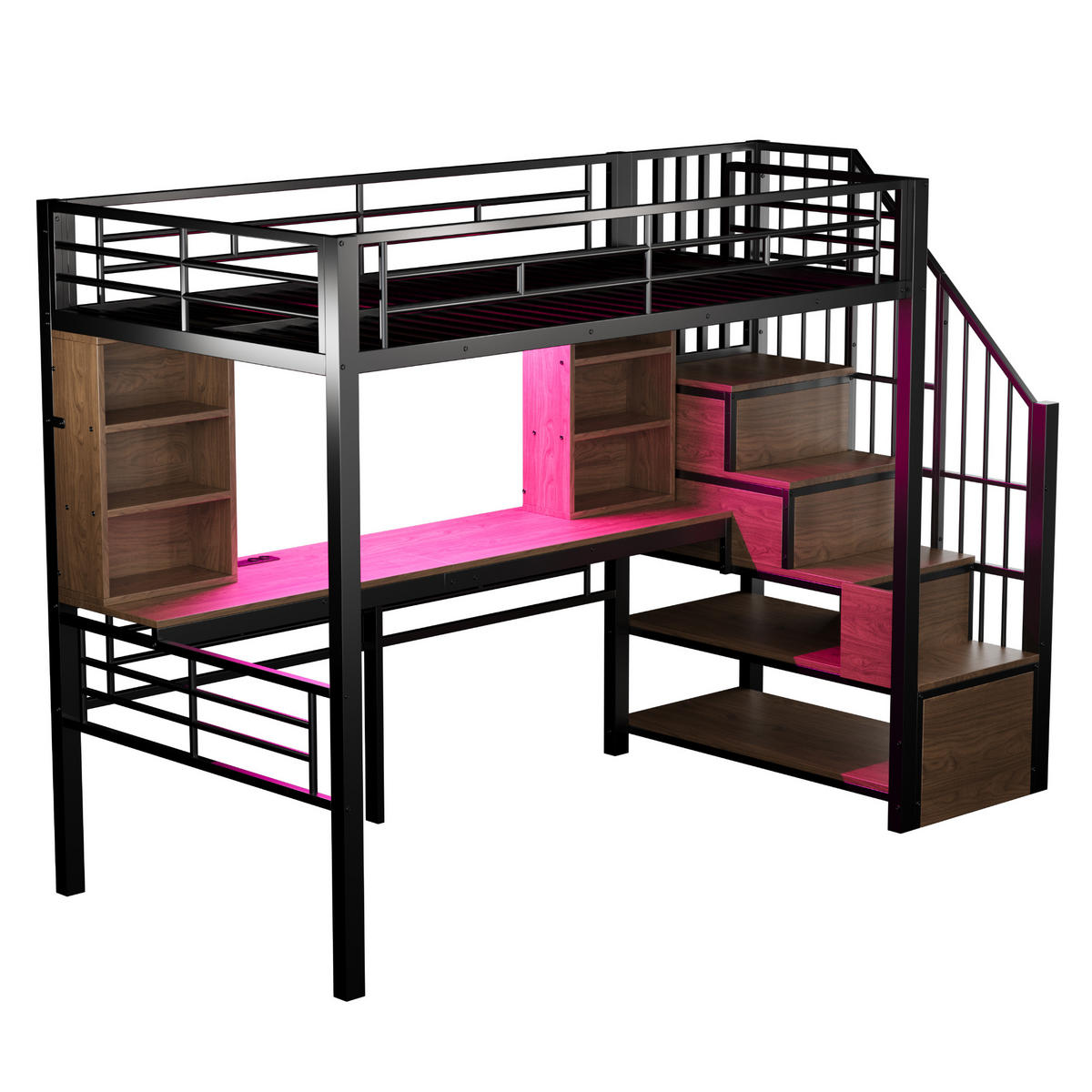 HOCHBETT 90/200 cm DE-01533, in Schwarz, mit Schreibtisch, Steckdose, LED und Stauraumtreppe - Schwarz, Metall (90/200cm) - ComfortXL