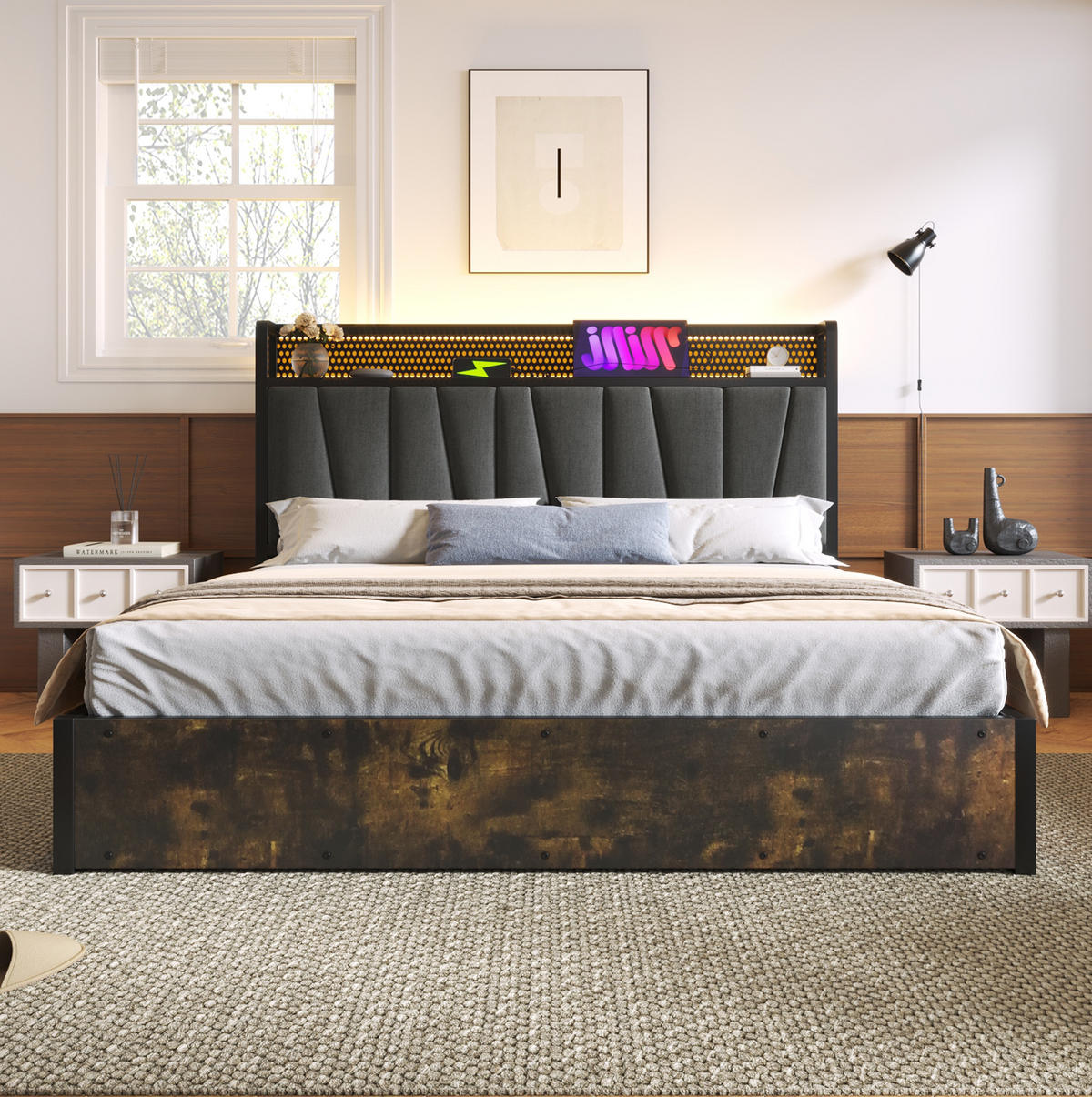 POLSTERBETT 160/200 cm mit Matratze, LED-Kopfteil, USB, Steckdosen und Bettkasten, Grau - Grau, Textil (160/200cm) - Redom