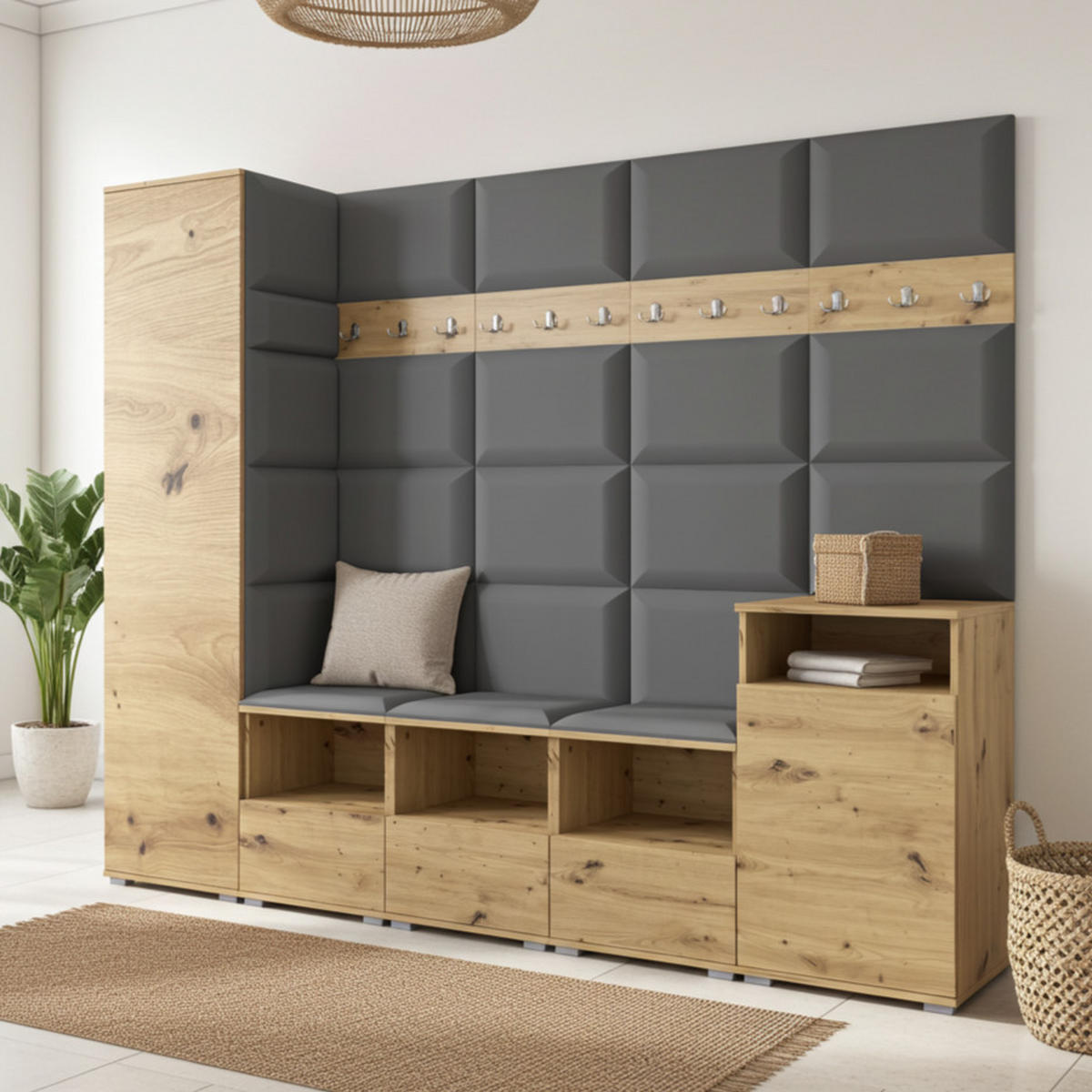 GARDEROBE NELA XI 250 cm (Modulare Flurmöbel Artisan Eiche mit Sitzpolster Dunkelgrau 15 Großes Set) - Dunkelgrau/Silberfarben, Holz/Holzwerkstoff (250/187/40cm) - Ravio