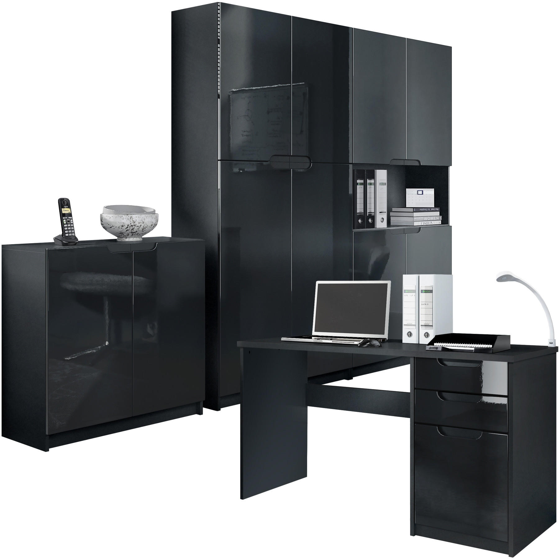 Vladon Büromöbelset Schwarz Hochglanz 246x185x60 cm