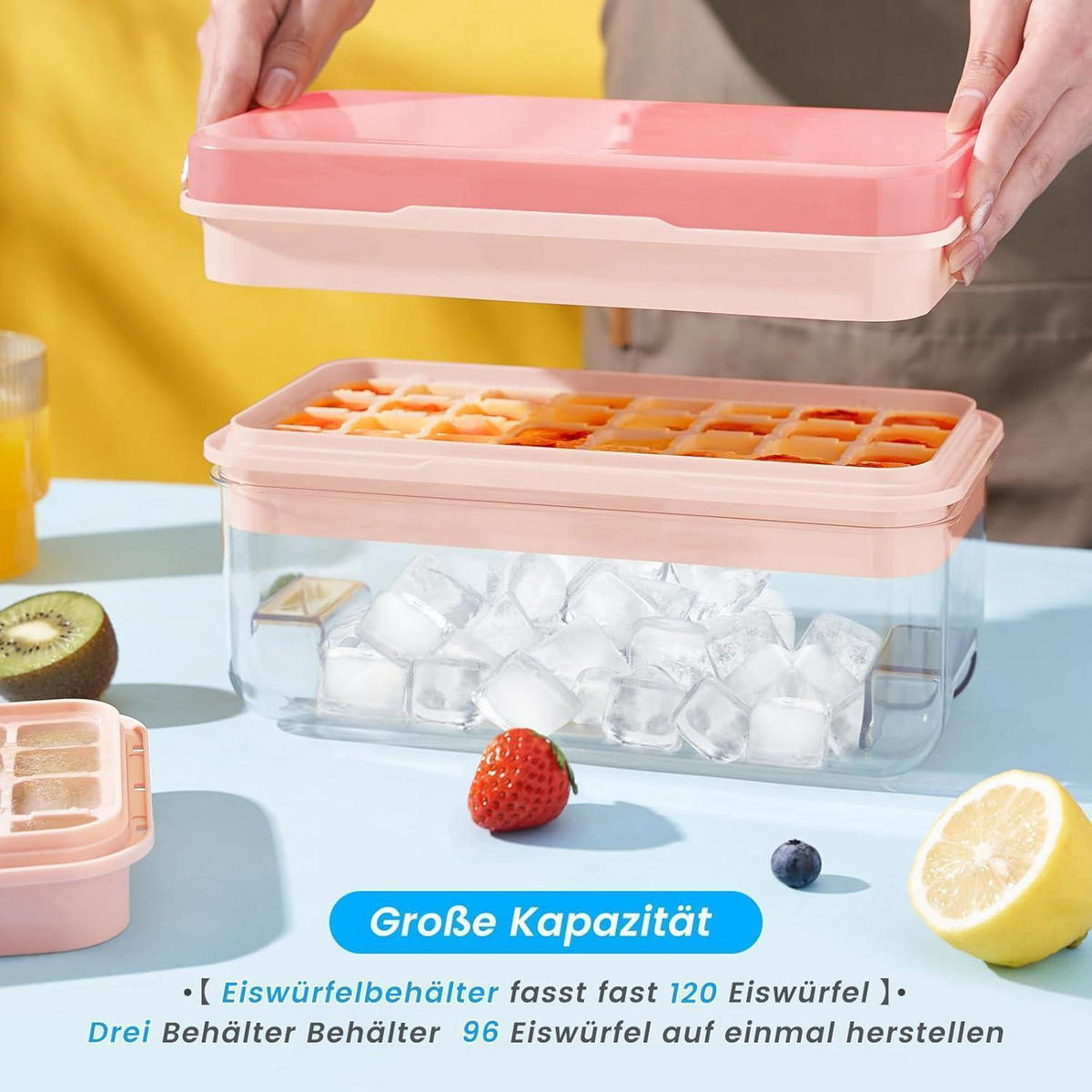 EISWÜRFELFORM mit Deckel und Behälter für 96 Eiswürfel - Rosa, Kunststoff (18.4/13.7/26.1cm)