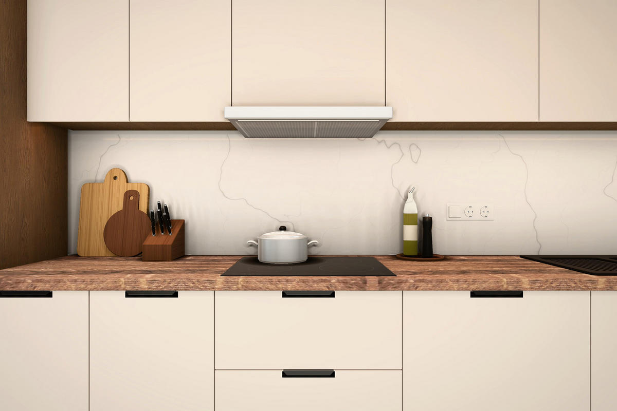 KÜCHENZEILE Sorento Beige – 400 cm – K73-G400 L – mit Vorrats-Hochschrank - Beige/Schwarz, Holzwerkstoff/Metall (400/247/58cm) - ROYAL24_MARKT