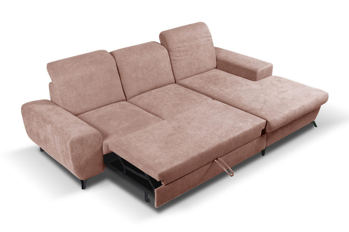 ECKSOFA LUCE R-S Rosa Plüsch-Stoff mit Schlaffunktion - Rosa, Holz (279/172cm) - MASSENO