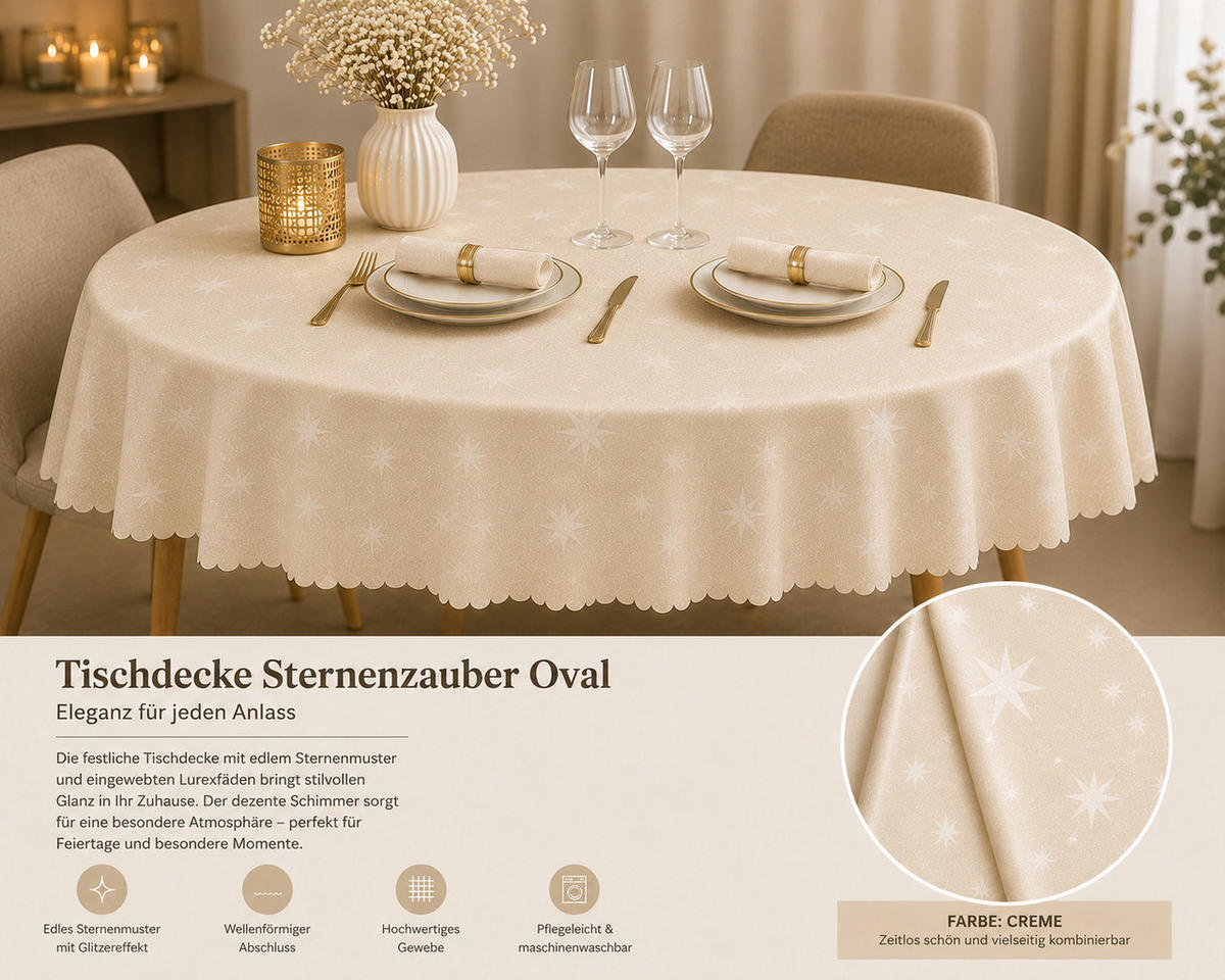 TISCHDECKE 135/180 cm oval Lurex Sterne Creme - Creme, Textil (135/180cm) - TiborTex