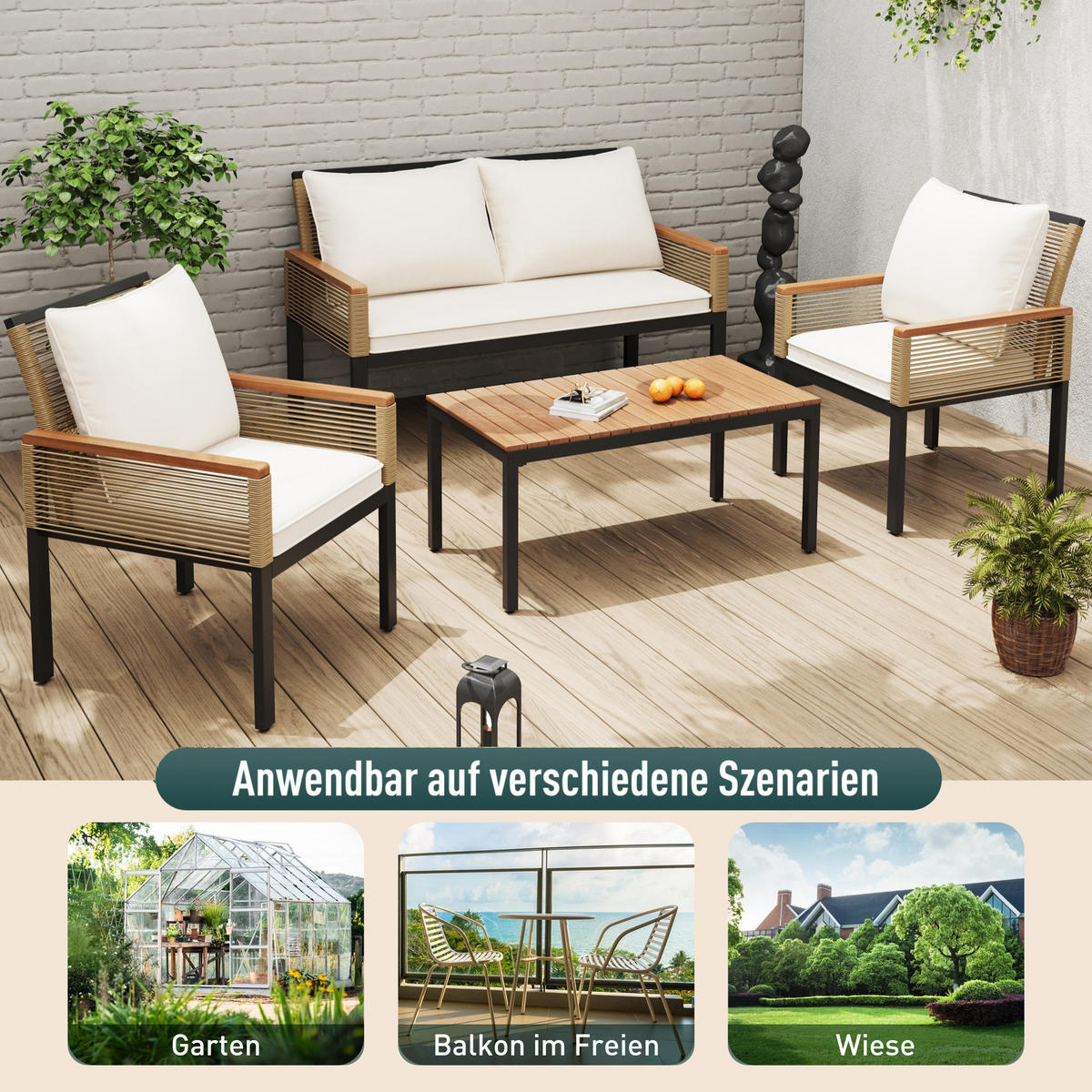 LOUNGESET Beige Rattan Doppelsofa 2 Sessel Tisch - Beige, Metall - FLIEKS