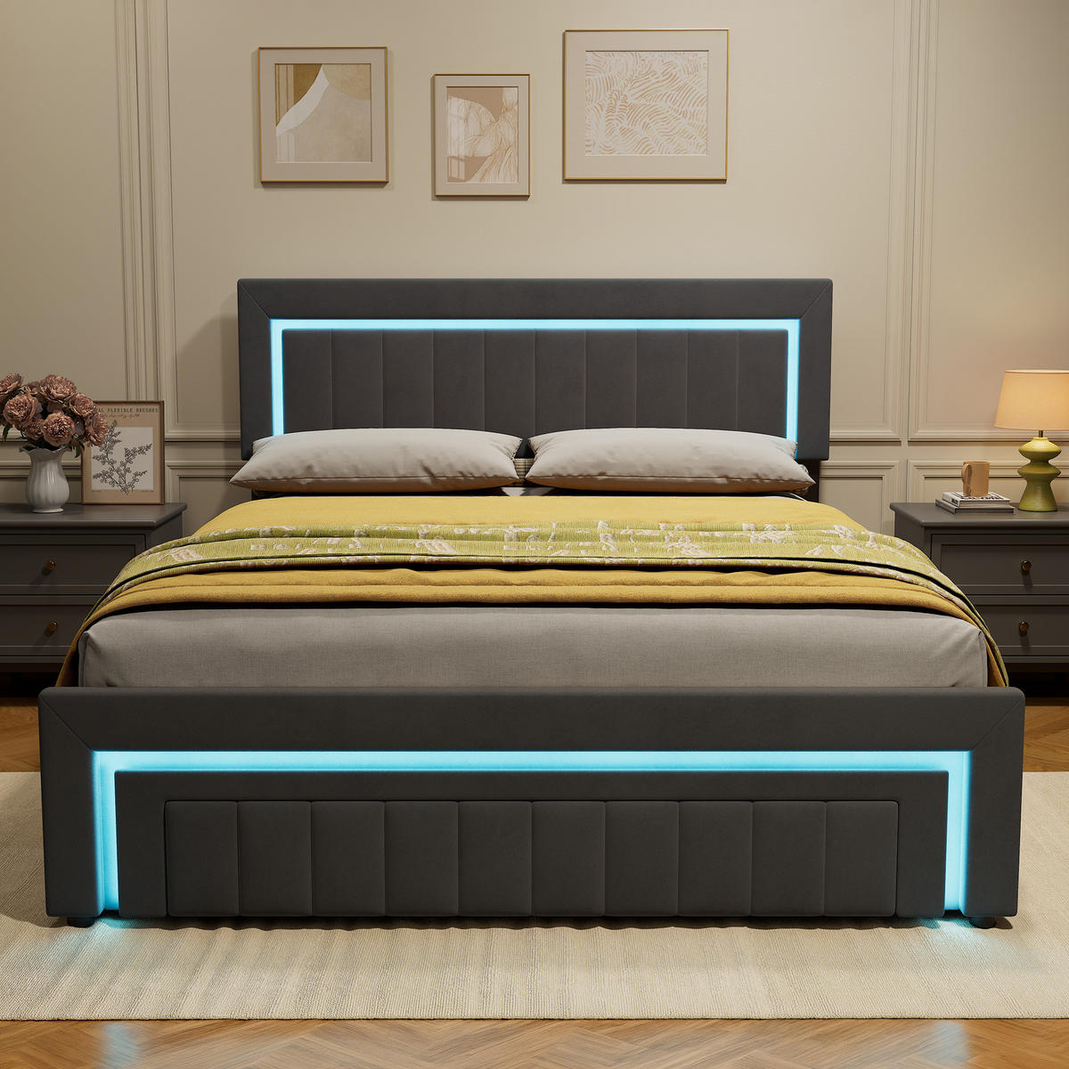 POLSTERBETT 160/200 mit Bettkasten und Schubladen , mit LED, ohne Matratze - Grau, Holzwerkstoff/Textil (160/200cm) - STILVORA