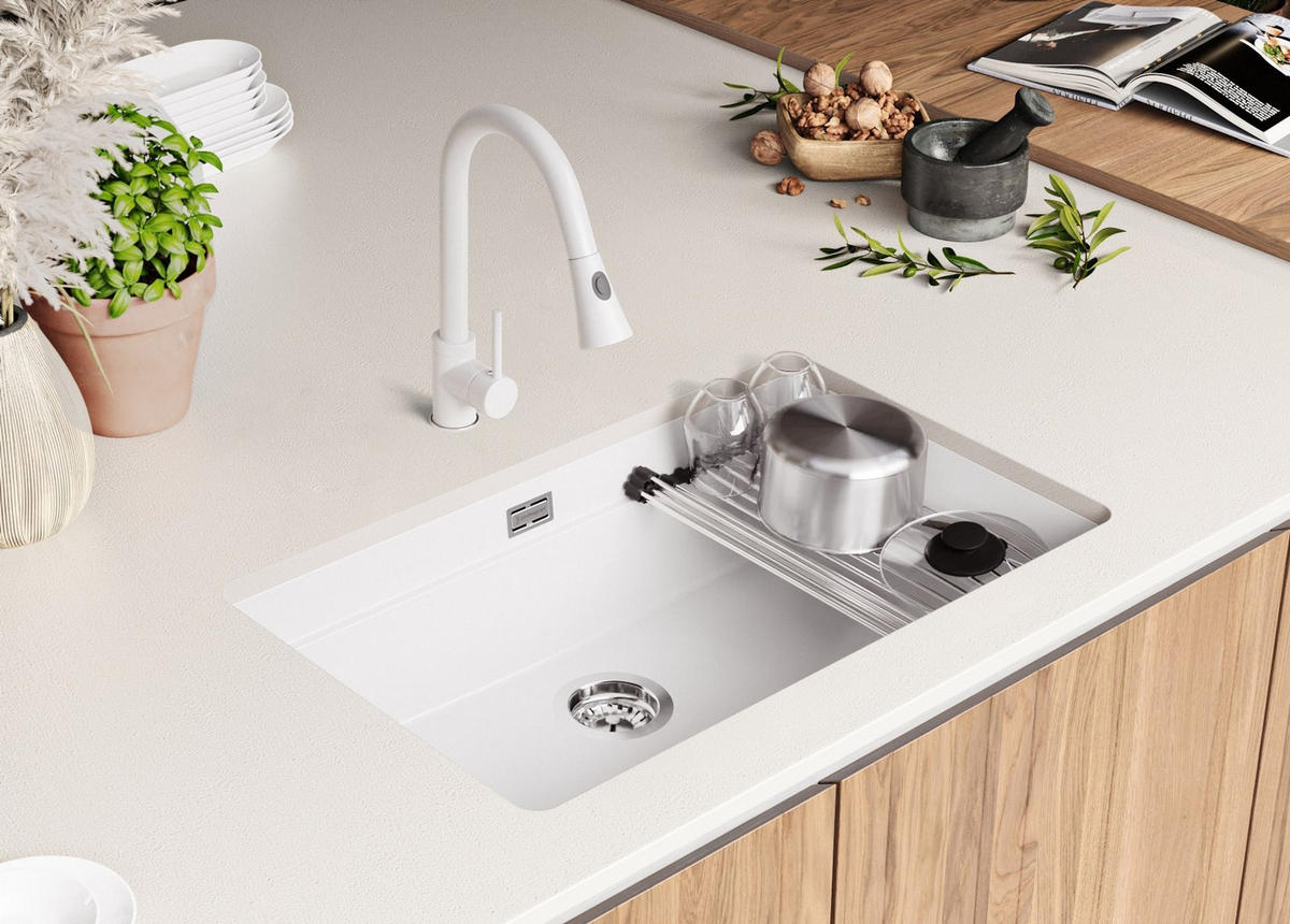 UNTERBAUSPÜLE GRANIT Praga, 2-er set Weiß 76/47 cm 1 Becken + Ablauf-Set + Aufrollbare Abtropffläche ab 80er Unterschrank - Chromfarben/Weiß, Kunststoff (76/20/47cm) - Primagran