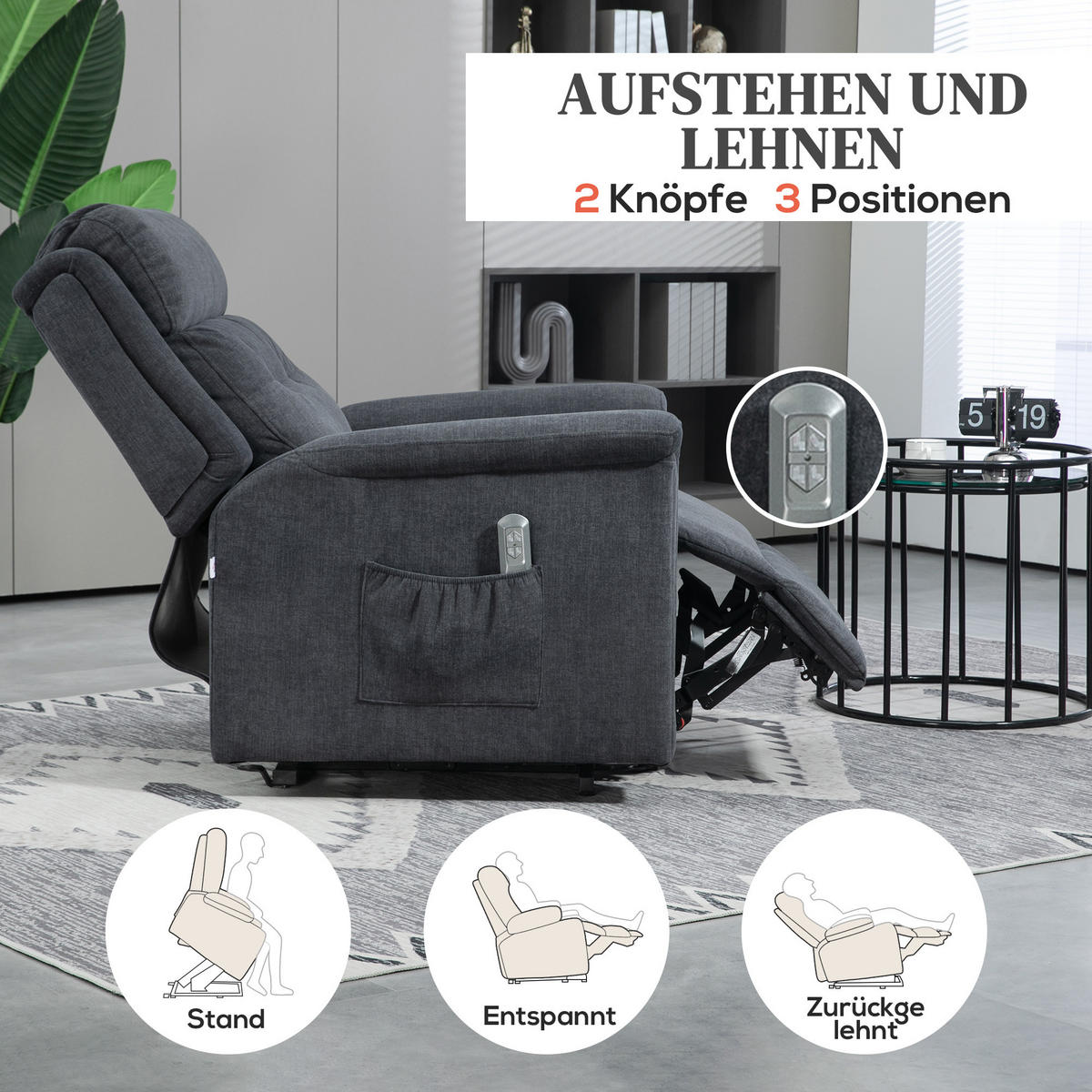 FERNSEHSESSEL mit Aufstehhilfe, Dunkelgrau - Dunkelgrau/Schwarz, Textil/Metall (87/108/92cm) - HOMCOM