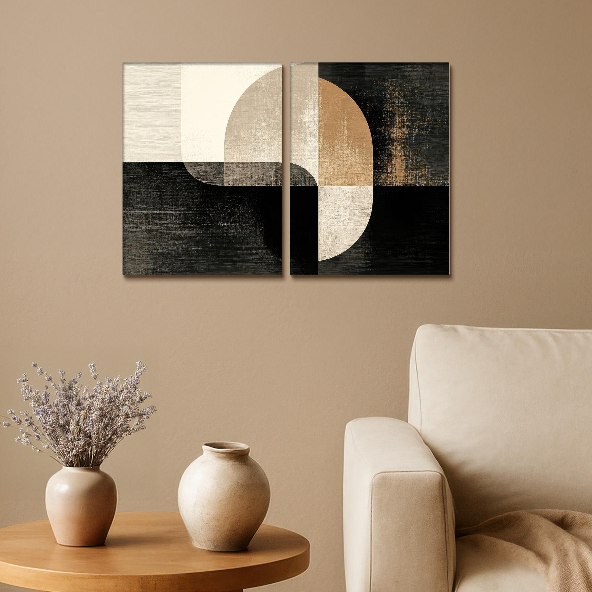 LEINWANDBILD 2er Set Formen - Abstrakt - Gold 60x40 cm - Schwarz, Textil (60/40cm) - MuchoWow