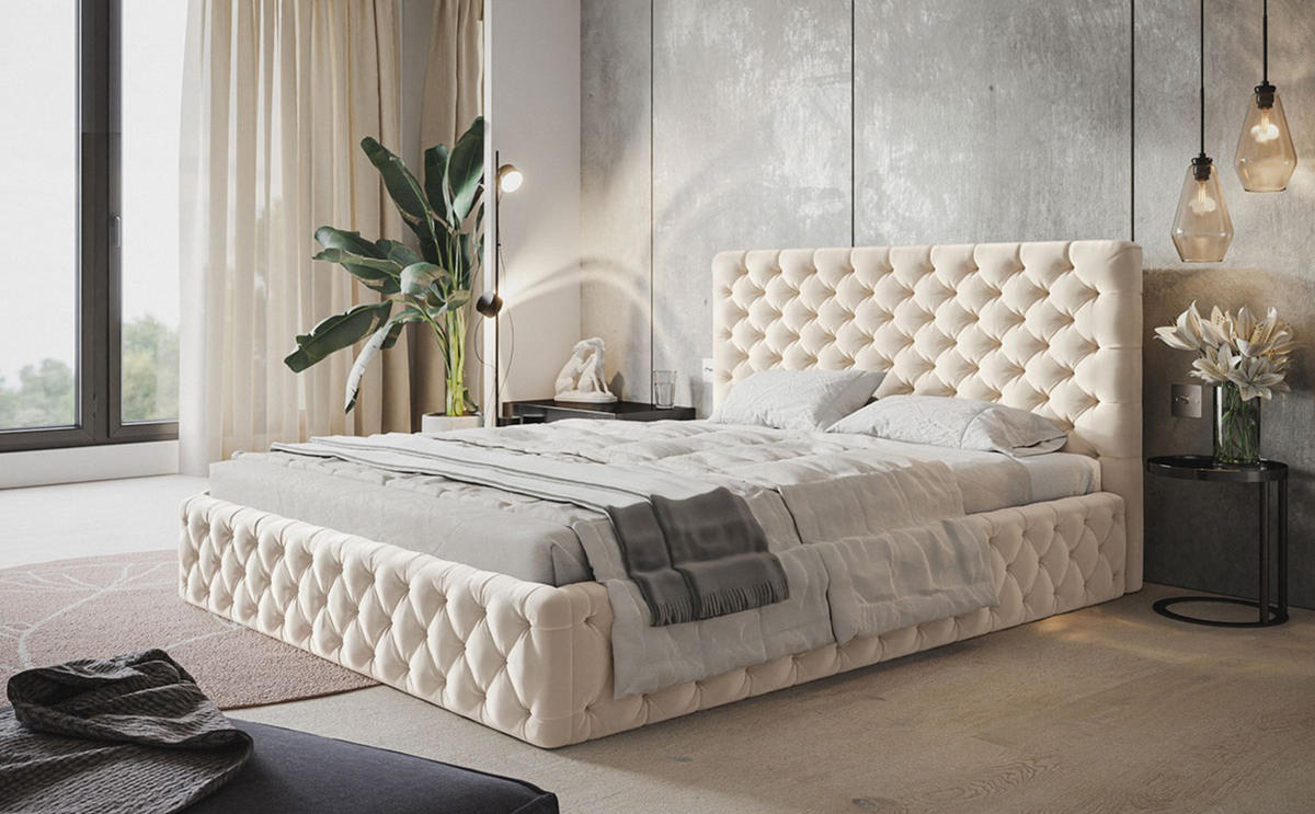 POLSTERBETT MIAMI SLIM, 140 x 200 cm mit Bettkasten und Lattenrost aus Holz, Farbe: Beige, Velourestoff - Beige, Holz/Kunststoff (140/200cm) - Alpi-Möbel