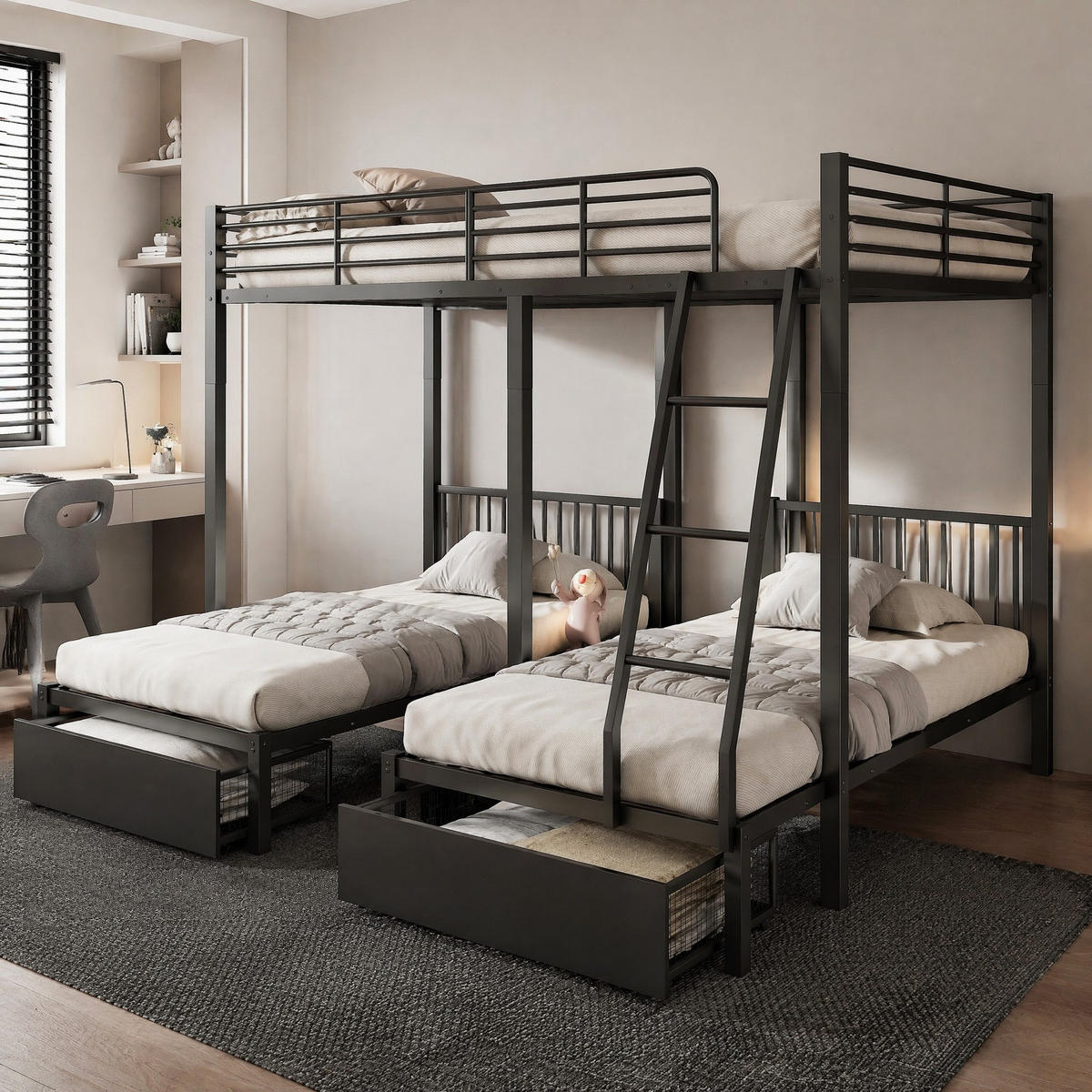 ETAGENBETT 90/200+140/200 mit 2 Schubladen und teilbarer Konstruktion in Schwarz - Schwarz, Metall (90/200cm) - EVRYAE
