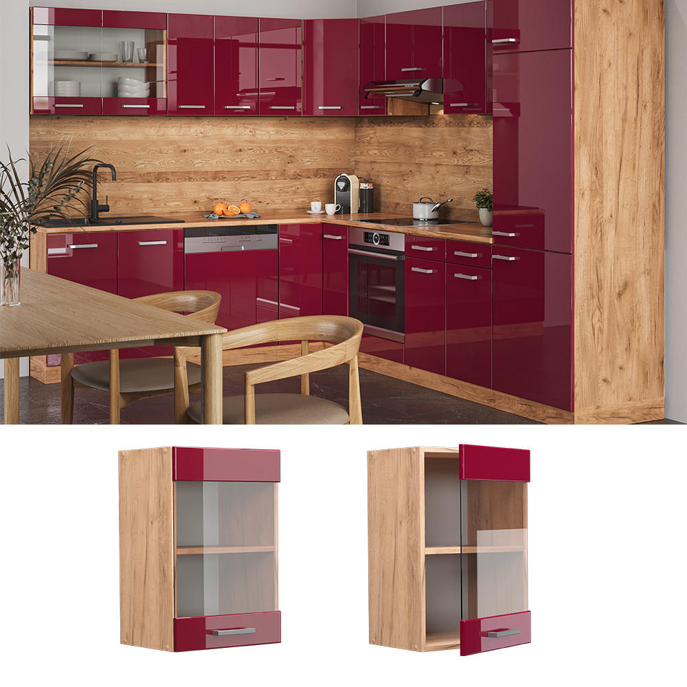 KÜCHENGLASSCHRANK R-Line Rot Hochglanz 40 cm - Honigeiche/Bordeaux, Holzwerkstoff (40/60/31cm) - Vicco