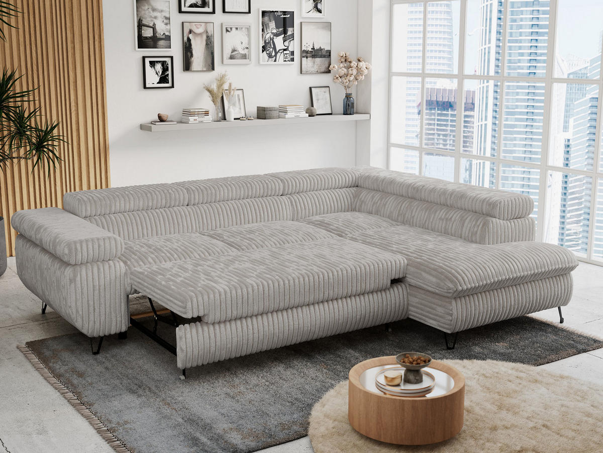 ECKSOFA PETER L Hellgrau Cord - Rechts Seite - Hellgrau/Schwarz, Textil/Metall (273/208cm) - MKS