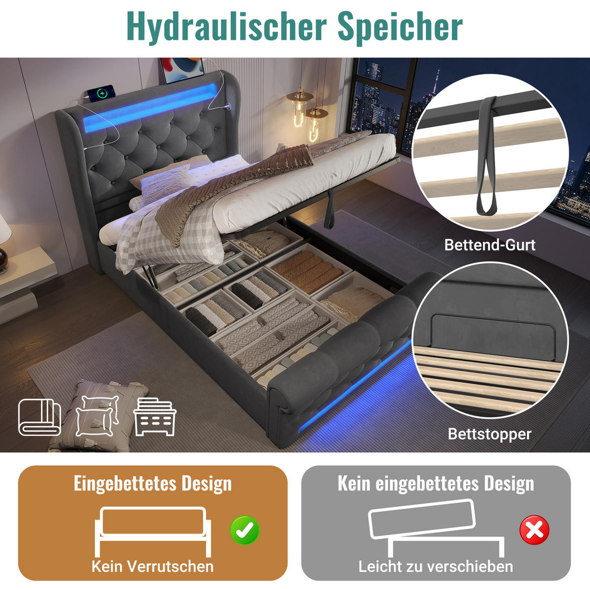 POLSTERBETT 90/200 cm mit LED-Beleuchtung, USB- und Typ-C-Anschlüssen, hydraulischem Stauraum und Matratze, Grau - Grau, Textil (90/200cm) - Redom