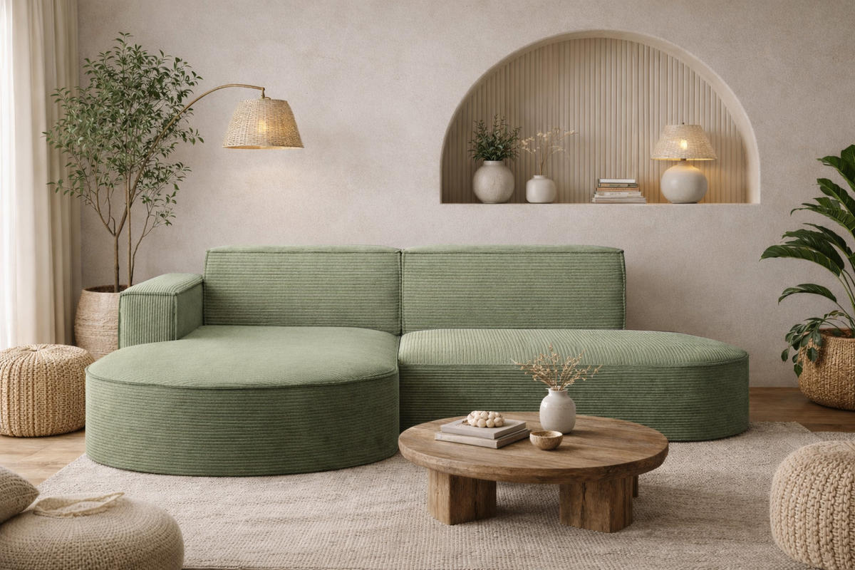 ECKSOFA Designer MODENA STUDIO, Cordstoff Poso, Hellgrün, Links - Hellgrün, Holzwerkstoff/Textil (165/236cm) - Kaiser Möbel