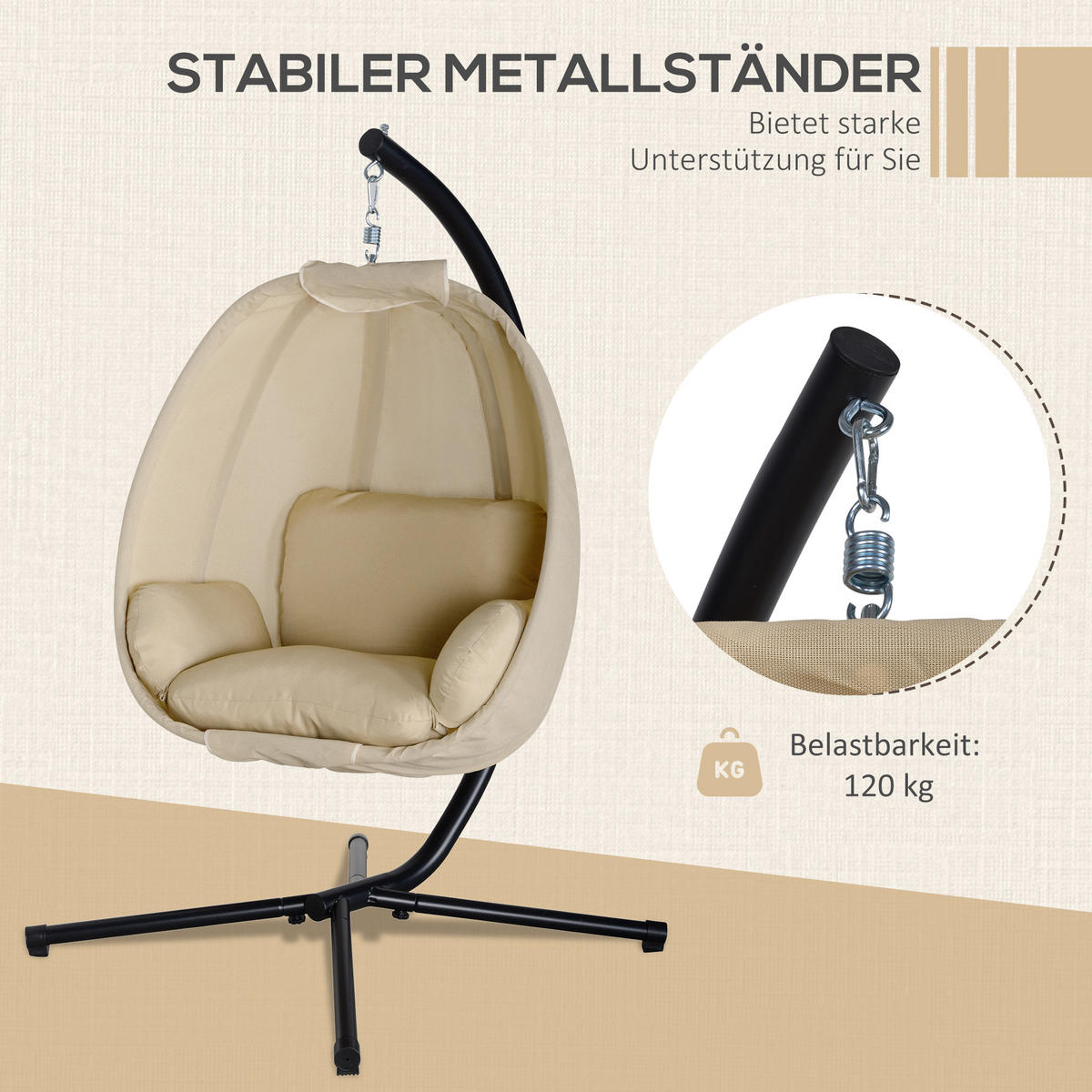 HÄNGESESSEL aus Metall und Polyester Khaki - Beige, Metall (95/170/125cm) - Outsunny