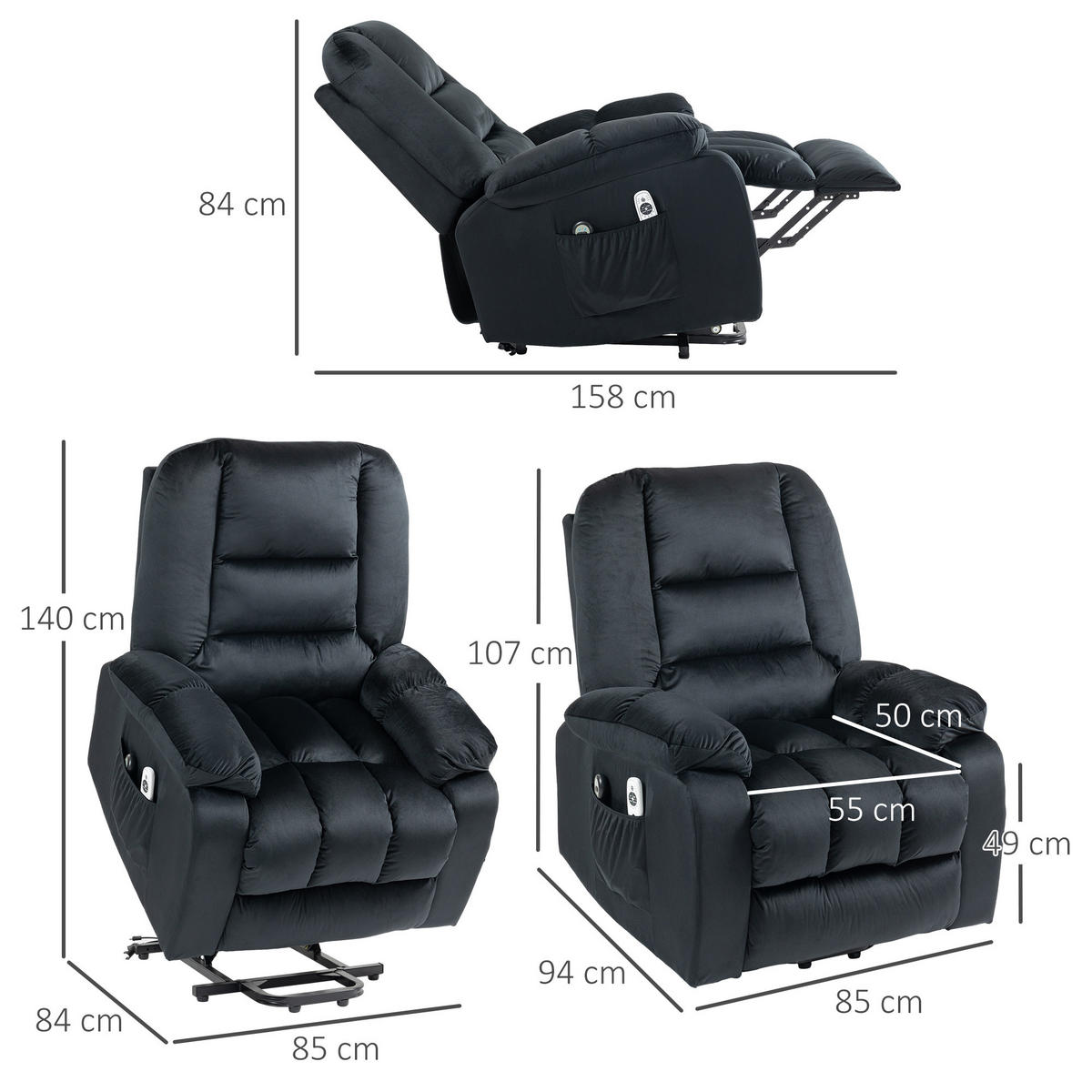 MASSAGESESSEL DE-15410 8 Massagepunkte mit Heizung, elektrisch neigbar Schwarz - Schwarz, Metall (94/107/85cm) - ComfortXL