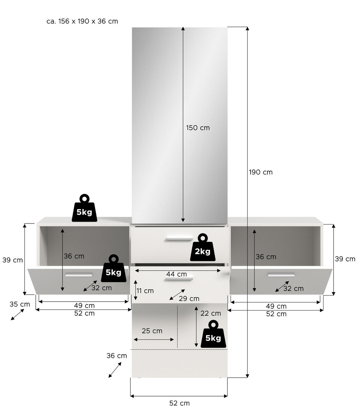 GARDEROBE Set 3-teilig weiß 156 cm, Komplettset mit Spiegel - Silberfarben/Weiß, Glas/Holzwerkstoff (156/190/36cm) - Inn.Furn