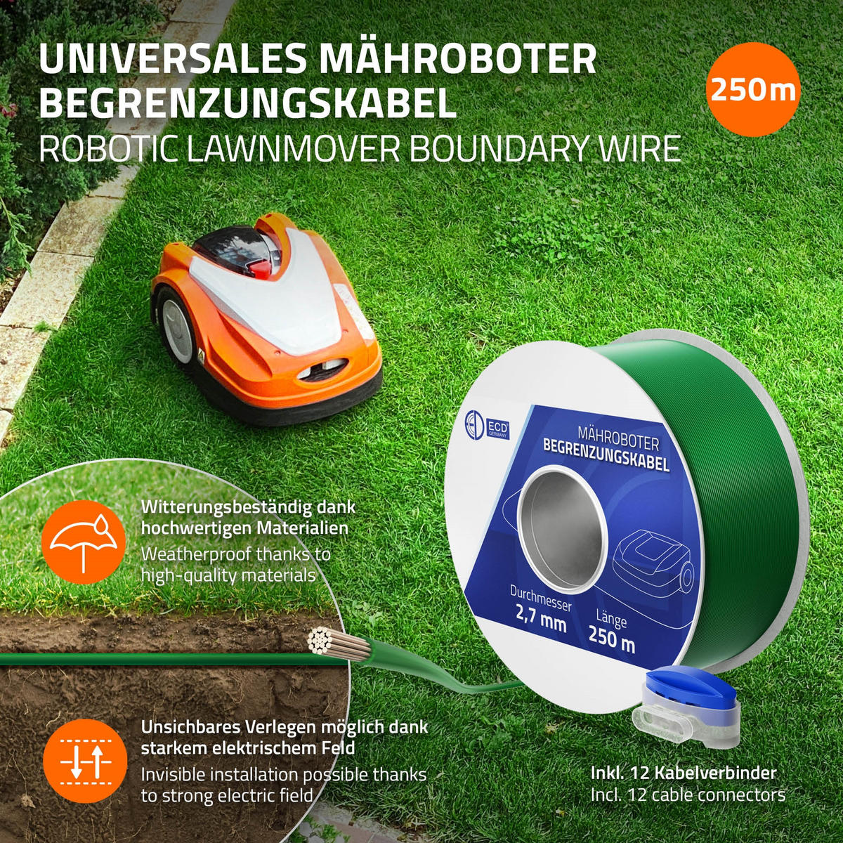 BEGRENZUNGSKABEL für Mähroboter 250m aus Kupfer verzinnt - Grün, Metall (0.27/0.27/25000cm) - ECD-Germany