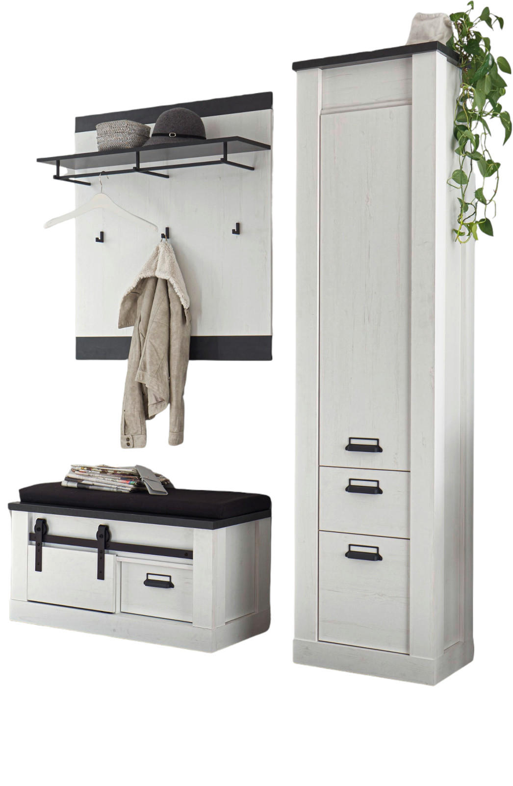 GARDEROBEN-SET 4-teilig weiß Pinie, anthrazit Landhaus, Garderobenkombination 164 x 201 cm - Anthrazit/Weiß, Holzwerkstoff/Metall (164/201/43cm) - Furn.Design