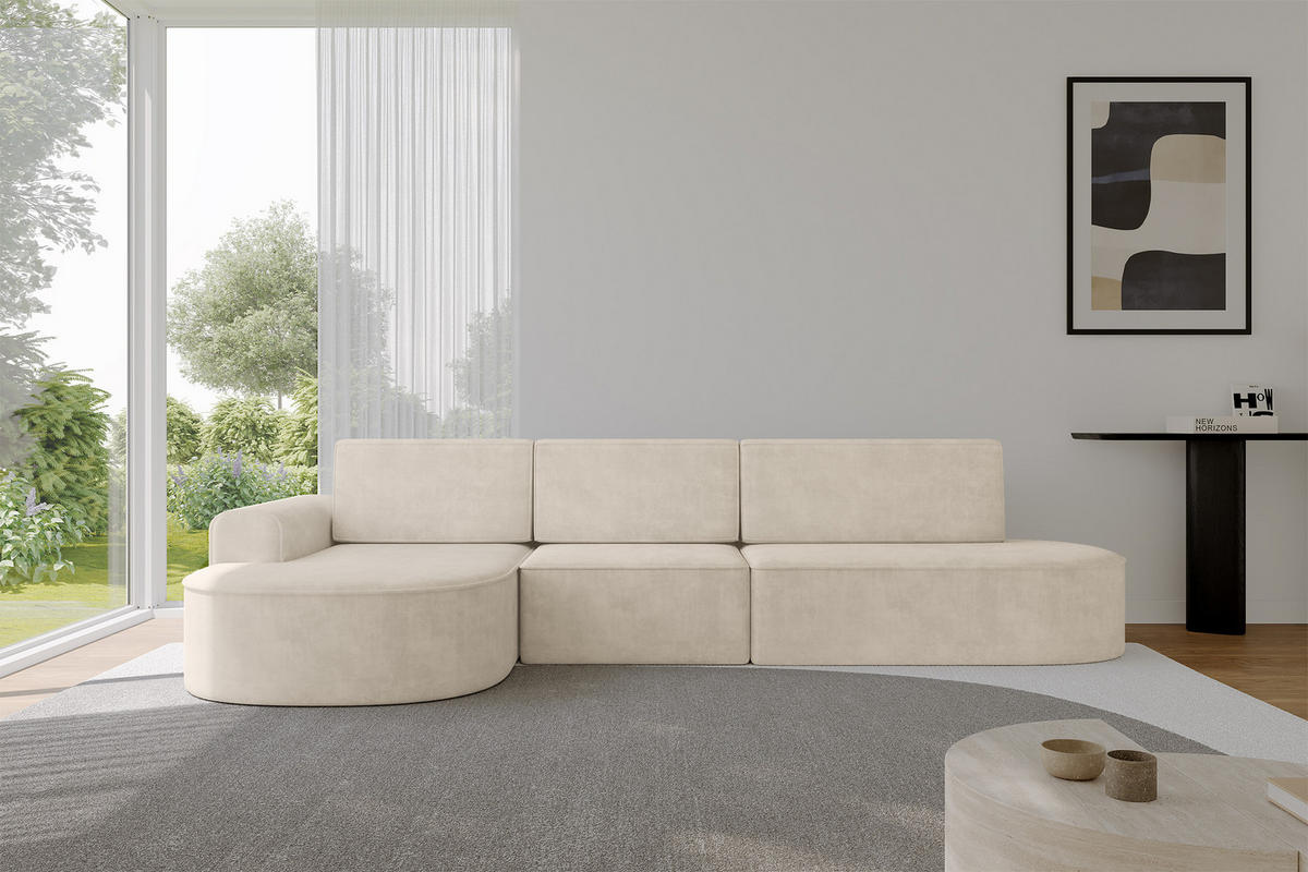 ECKSOFA mit Schlaffunktion Ottomane Links MARI L2-S 368X167X85 Beige Velours - Sandfarben/Schwarz, Holzwerkstoff/Kunststoff (368/167cm) - ALTDECOR