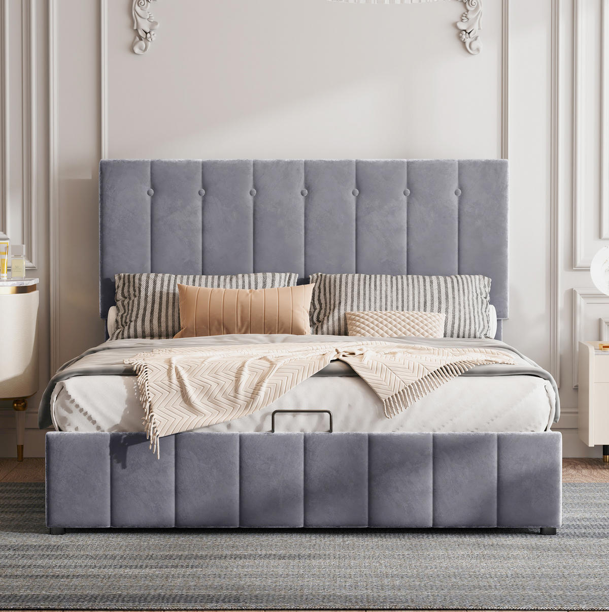 POLSTERBETT aus Samtstoff 140x200 cm Grau mit hydraulischem Bettkasten und 24 Latten - Grau, Textil (140/200cm) - IVMEU