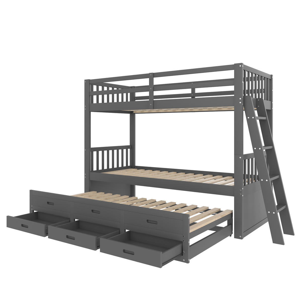 ETAGENBETT 90/200 cm mit Ausziehbett, 3 Schubladen und Leiter aus Kiefernholz und MDF, Grau - Grau, Holzwerkstoff (90/200cm) - Redom