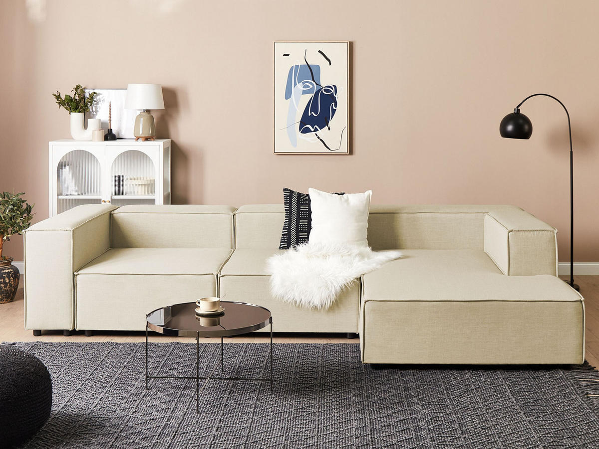 3-SITZER-ECKSOFA Leinen beige rechtsseitig Aprica - Beige/Schwarz, Textil (326/180cm) - Beliani