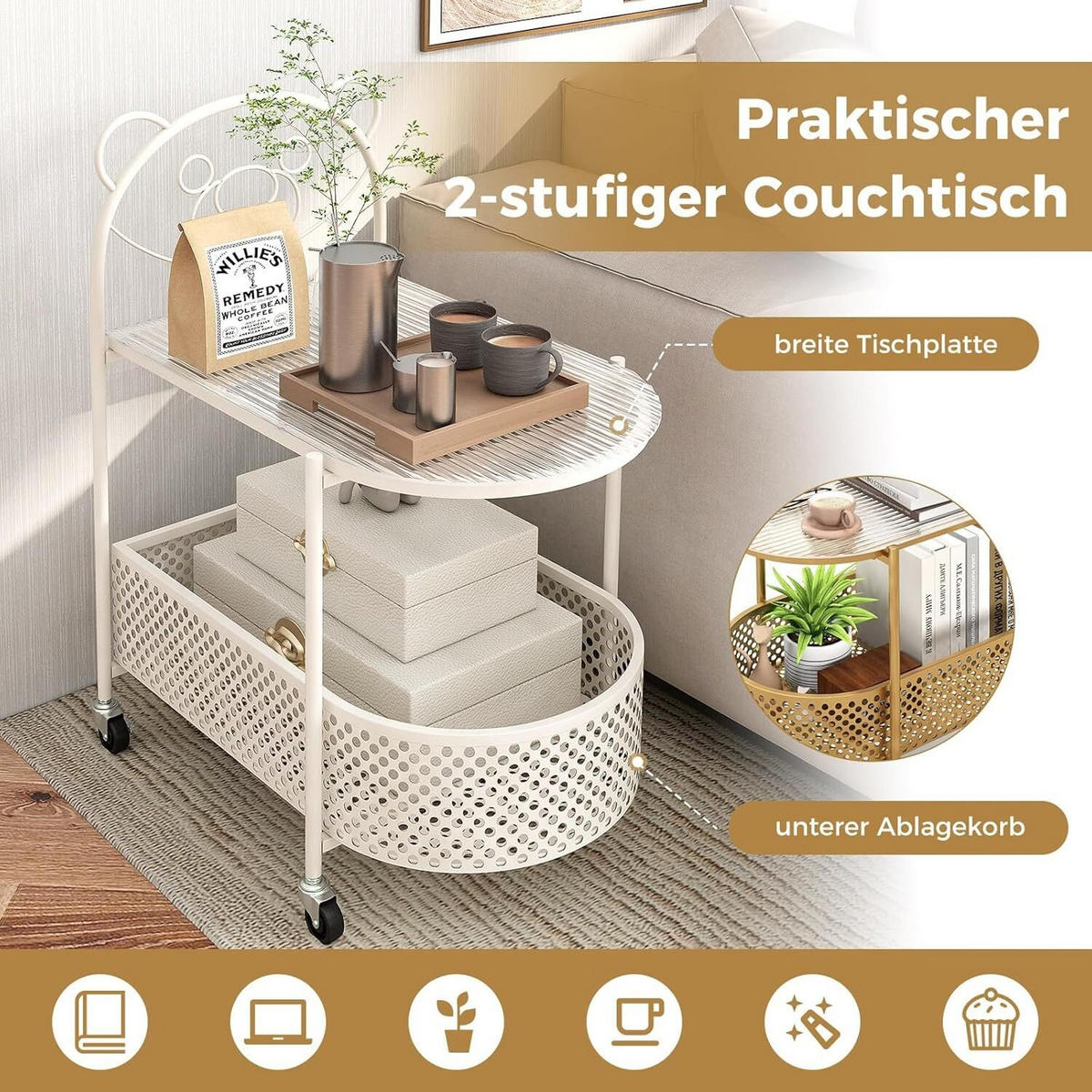 GLASTISCH 76cm Weiß - Weiß, Metall (60/40/76cm) - COSTWAY