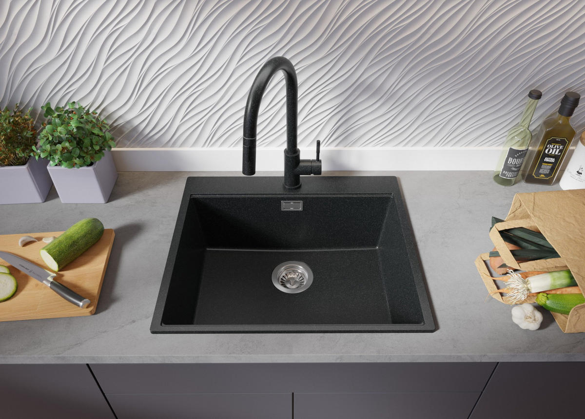 SPÜLBECKEN Oslo, 2-er set Anthrazit 58/50 cm 1 Becken + Ablauf-Set + Schneidebrett ab 60er Unterschrank - Chromfarben/Anthrazit, Kunststoff (58/20/50cm) - Primagran