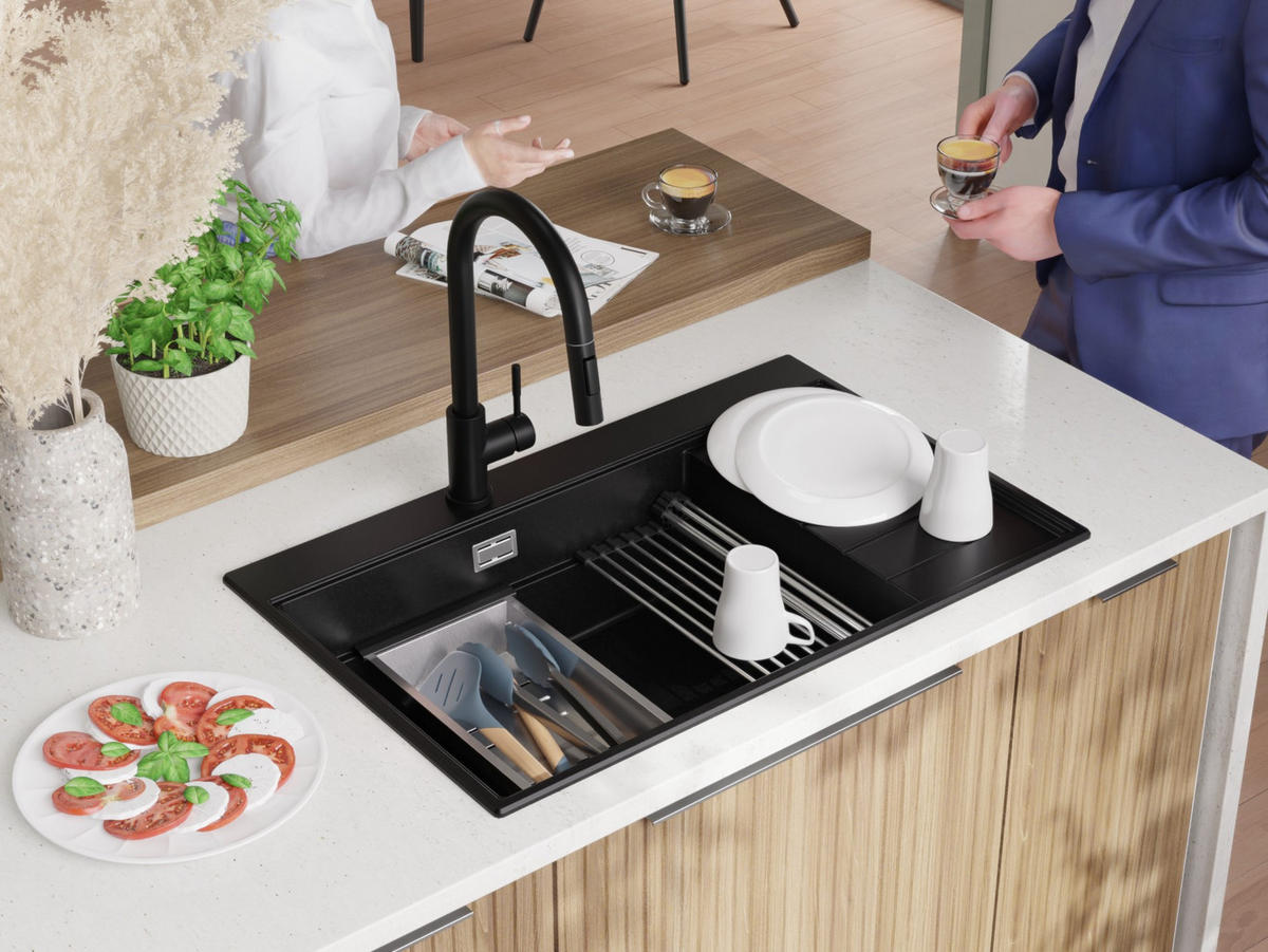 SPÜLBECKEN Sydney, 2-er set Alles Schwarz 78/50 cm 1 Becken + Ablauf-Set + Küchenzubehörset ab 60er Unterschrank - Schwarz, Kunststoff (78/20/50cm) - Primagran