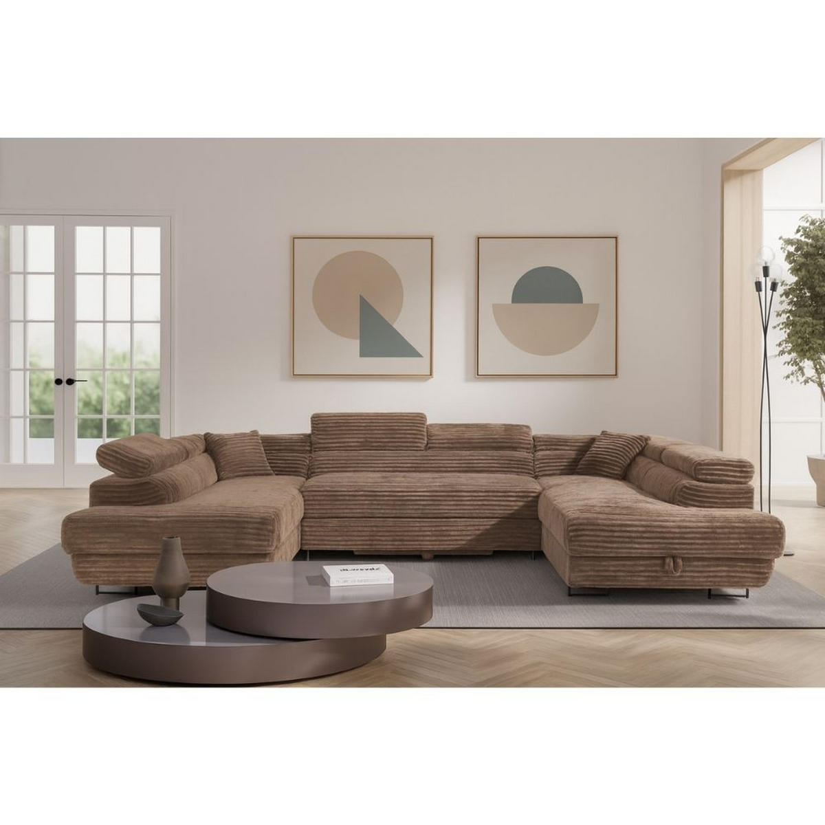 WOHNLANDSCHAFT Luis U mit Schlaffunktion und Bettkasten, 340 cm, Braun - Braun/Grau, Textil/Metall (340/88/205cm) - AN-Moebel 4u