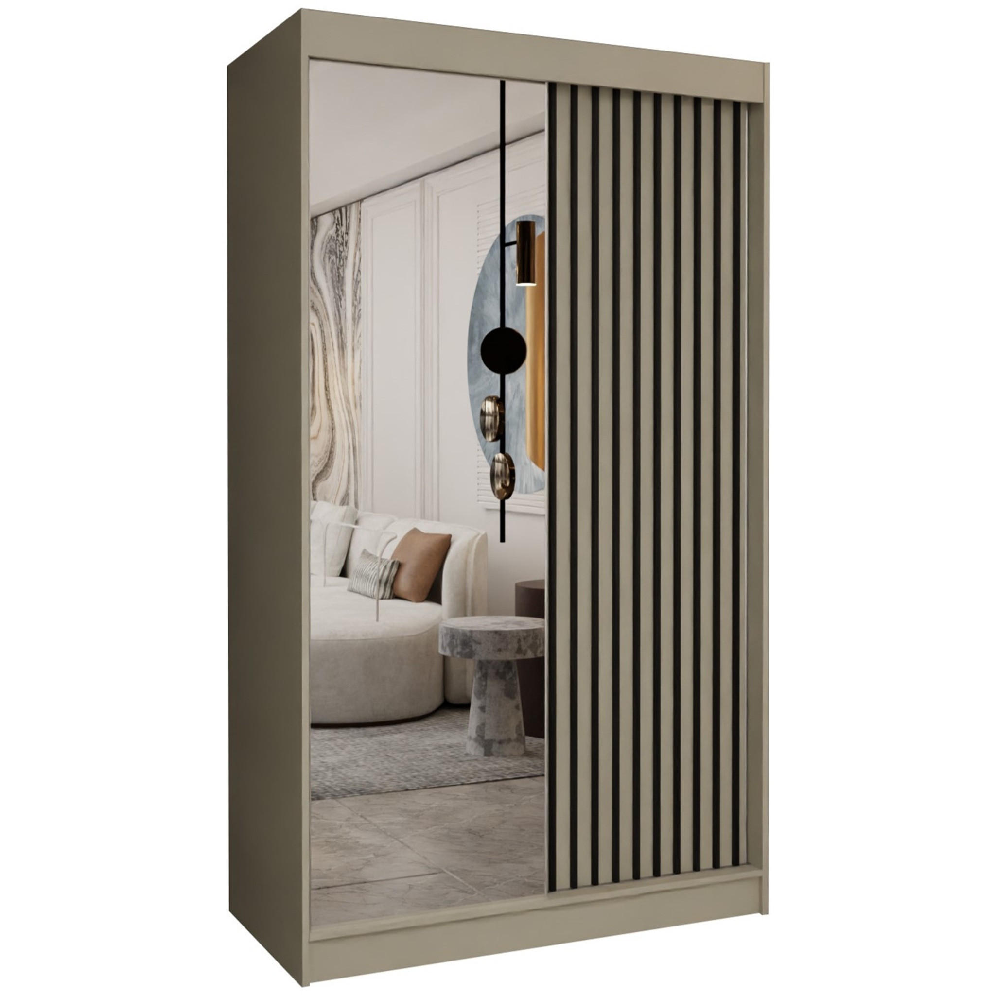 SCHWEBETÜRENSCHRANK Cabinio Beige 120/216/61 cm – mit Spiegel und Lamellen - Beige/Schwarz, Holzwerkstoff/Kunststoff (120/216/61cm) - AX Living