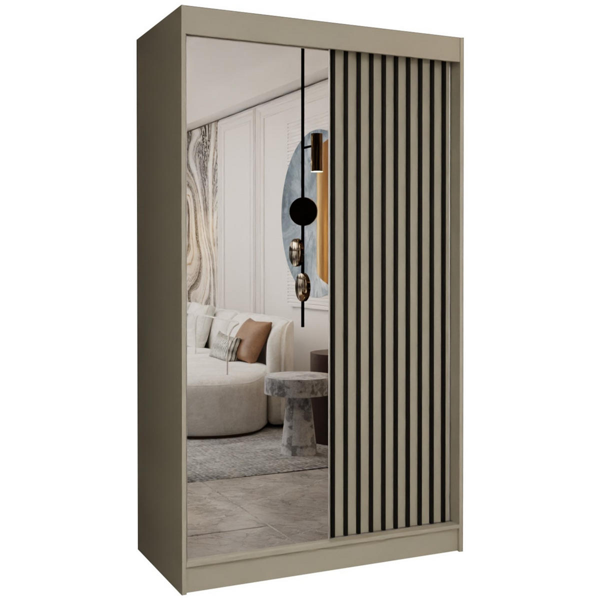 SCHWEBETÜRENSCHRANK Cabinio Beige 120/216/61 cm – mit Spiegel und Lamellen - Beige/Schwarz, Holzwerkstoff/Kunststoff (120/216/61cm) - AX Living