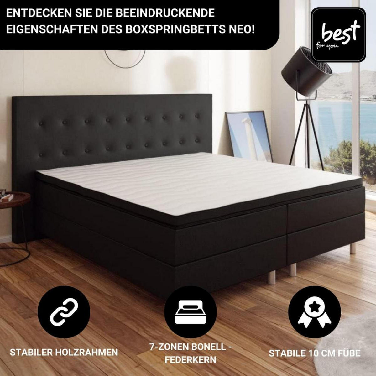 BOXBETT Neo First Class Bett Polsterbett - Schwarz, Holz/Holzwerkstoff (140/200cm) - Best For Home