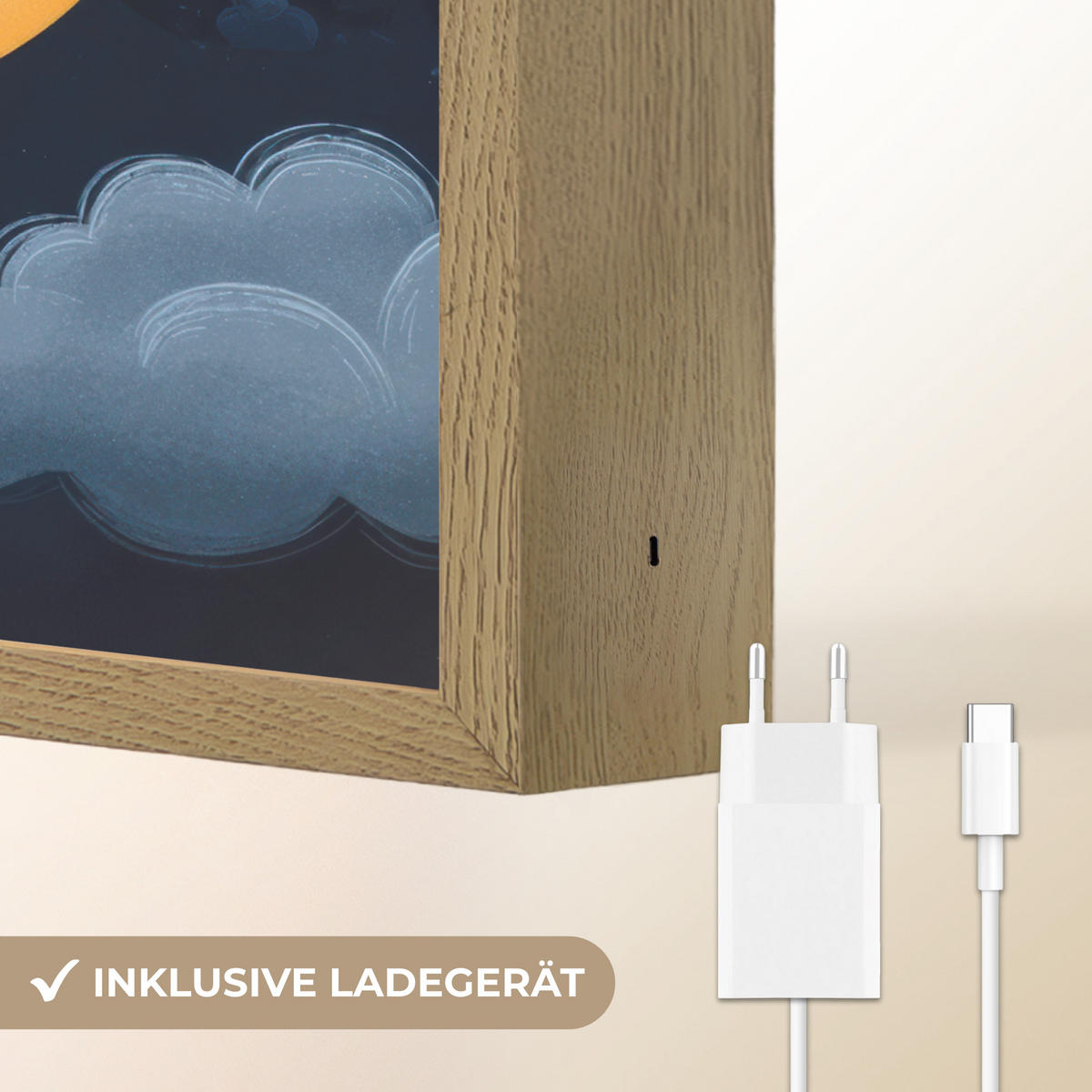 NÁSTĚNNÁ LAMPA S AKUMULÁTOREM Medvídek - Měsíc - Mraky - Hvězdy 30x40 cm - tmavě modrá, kompozitní dřevo (30/40/8cm) - OnlyWow