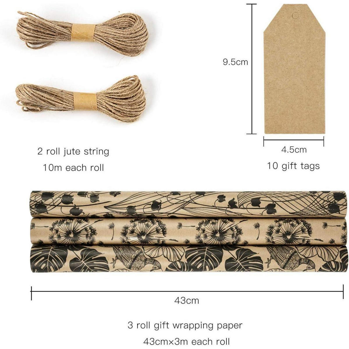 GESCHENKPAPIER 3 Rollen Set Blumen Schwarz 43 cm x 3 m - Multicolor, Papier (43/1/300cm)