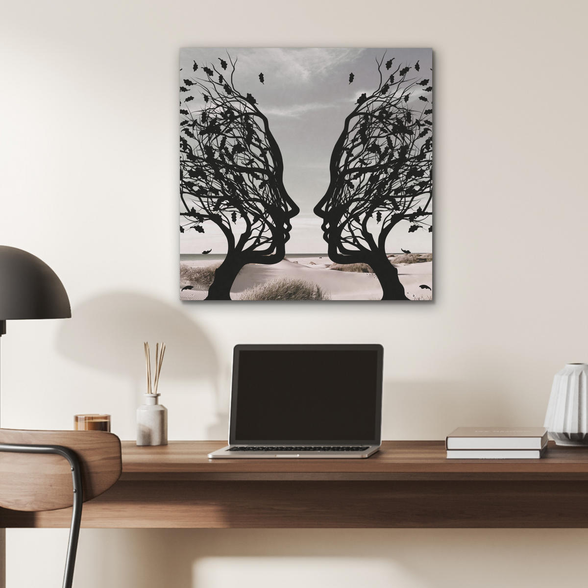 AKUSTIKBILD Strand - Meer - Menschen - Baum - Moderne Kunst Wandbilder 60x60 cm - Hellgrau, Kunststoff (60/60/0.9cm) - MuchoWow