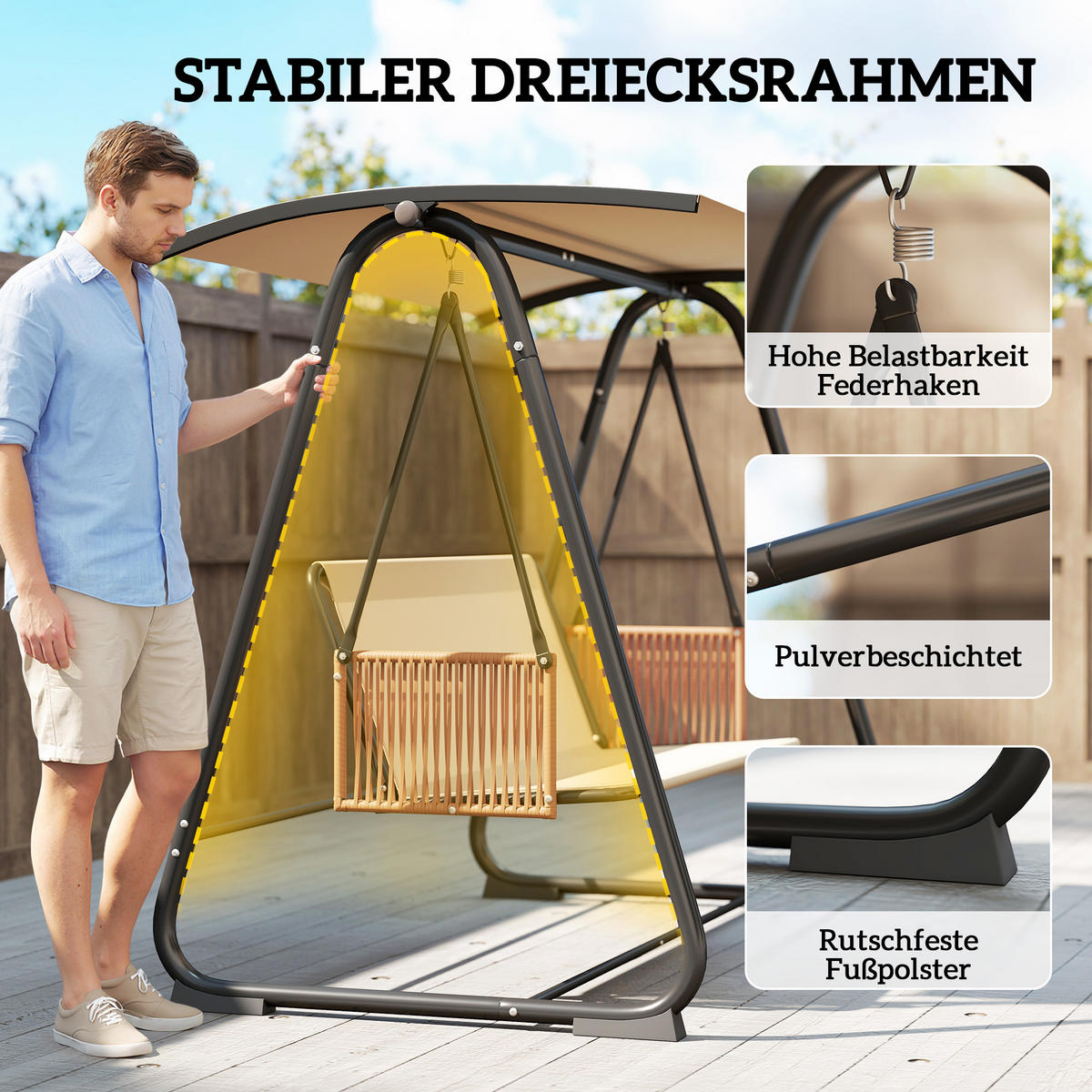 HOLLYWOODSCHAUKEL Metall Polyester Sand - Sandfarben/Schwarz, Textil/Metall (121/165/203cm) - Outsunny