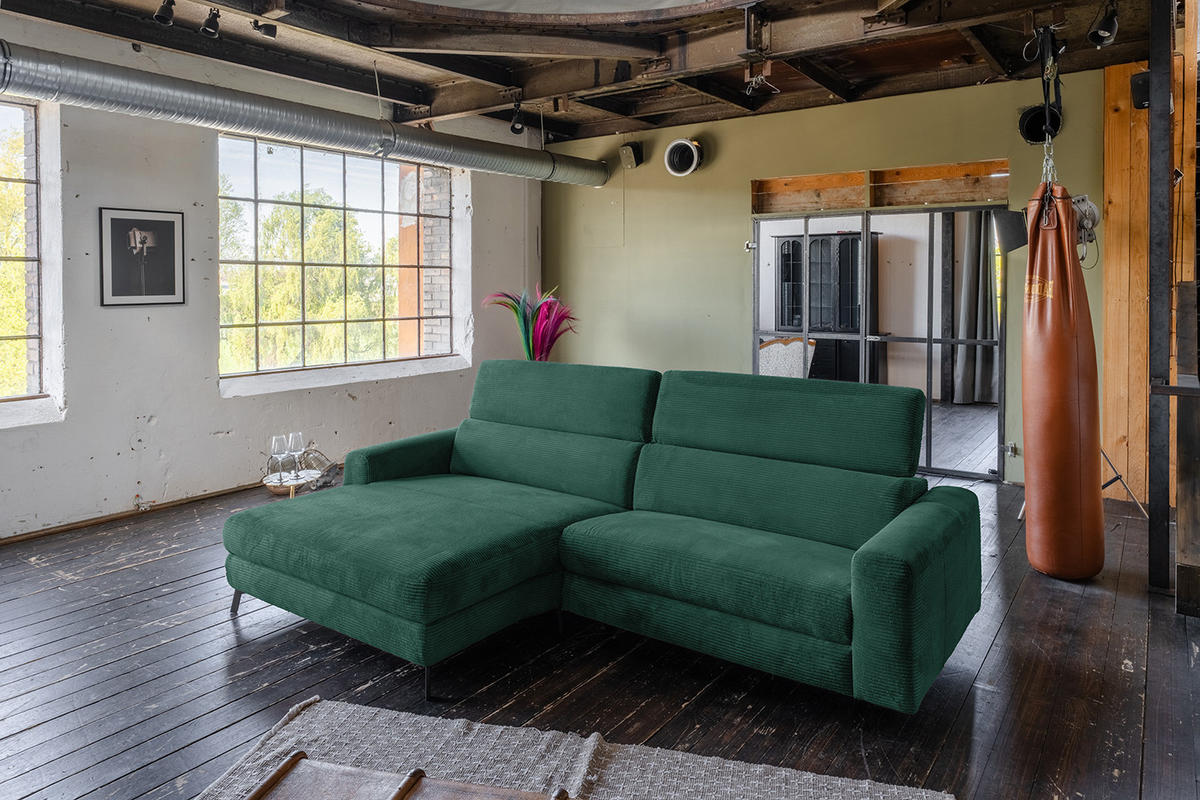 ECKSOFA LAISKA Smaragdgrün Cord - Smaragdgrün/Schwarz, Textil/Metall (282/177cm) - KAWOLA