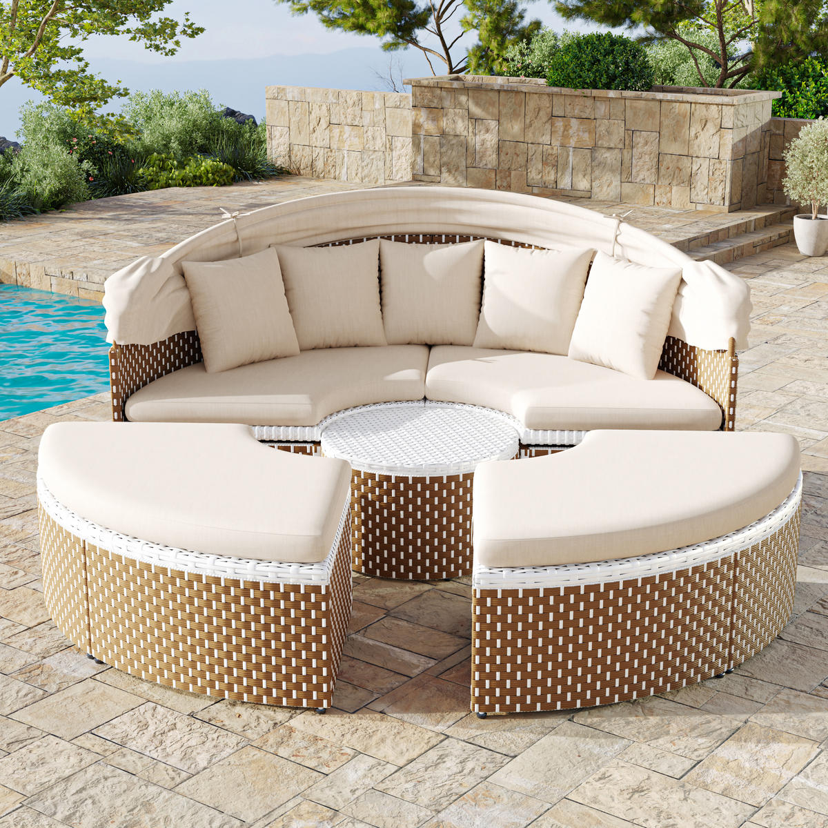 GARTENMUSCHEL aus Rattan & Metall Ø170 cm in Beige mit faltbarem Sonnenschutz - Beige, Metall (170/72/170cm) - Modfu