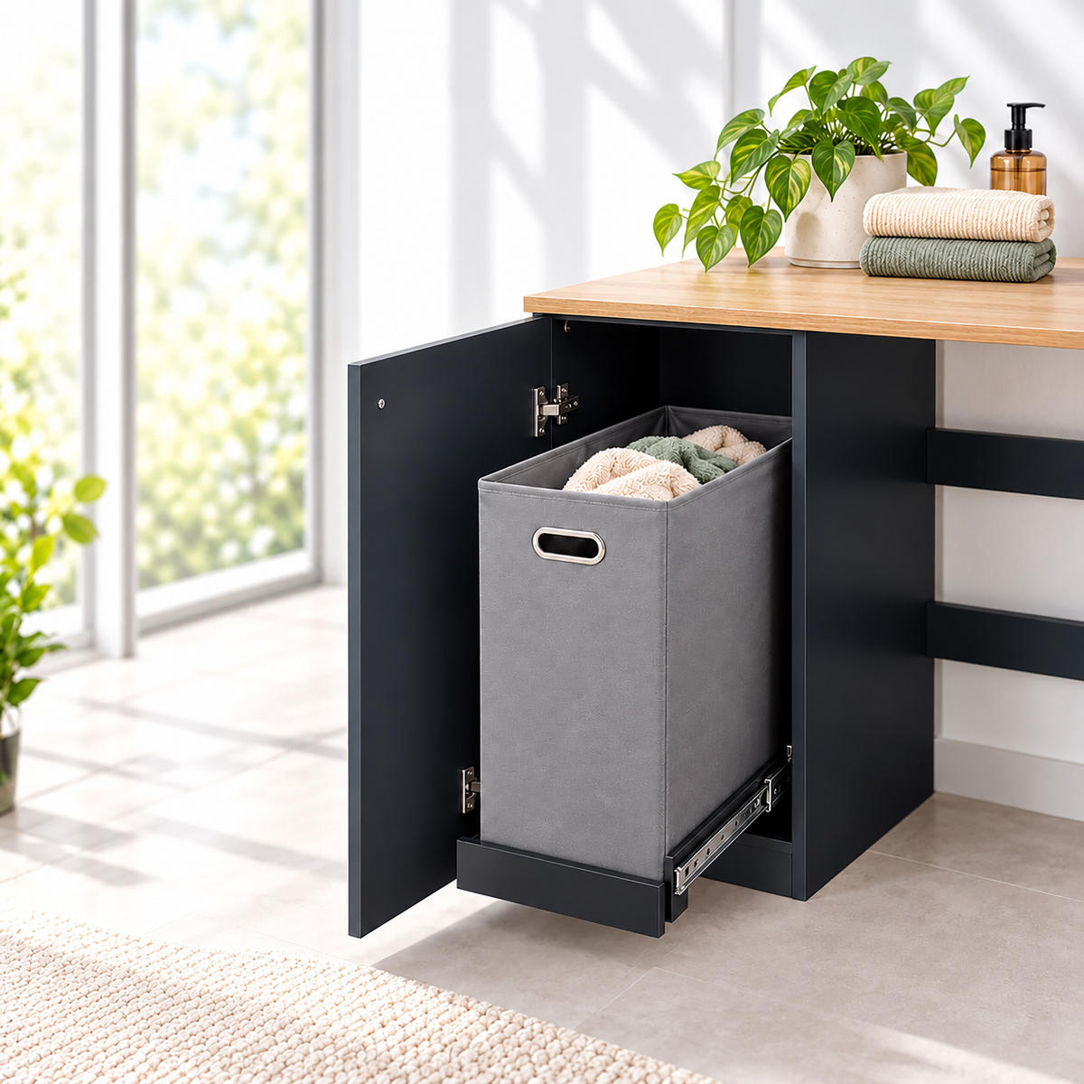 WASCHMASCHINENSCHRANK Anthrazit mit ausziehbarem Wäschekorb 90x100x60 cm - Anthrazit, Holzwerkstoff/Textil (100/90/60cm) - Relaxdays
