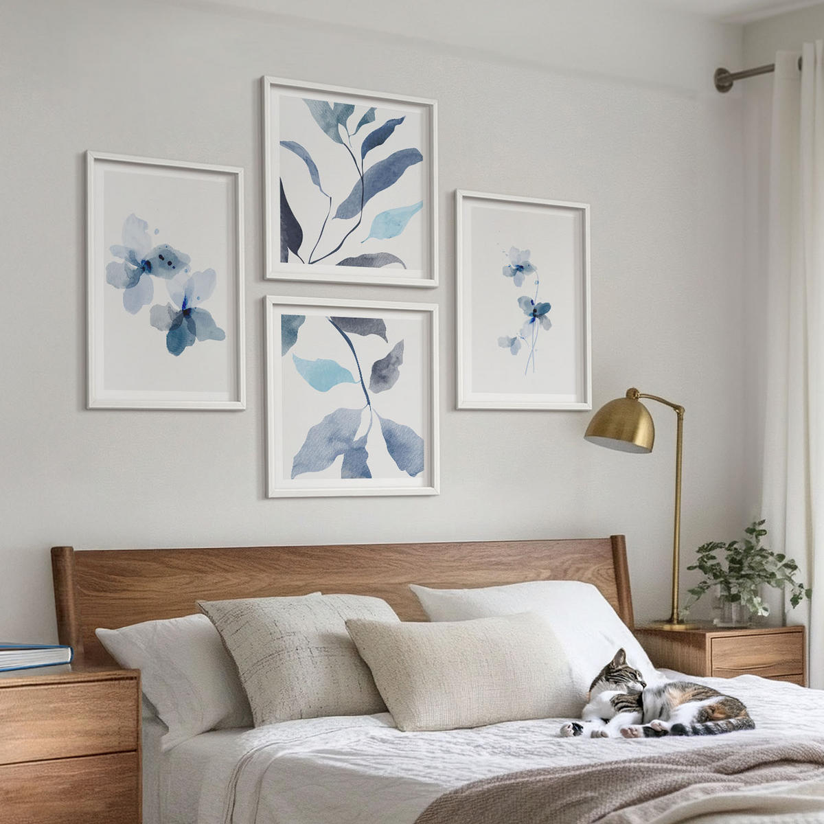 BILDER SET 4er Set - 50x50 cm & 40x60 cm Weißer Rahmen - Minimalistische blaue Blumen - Weiß, Kunststoff (50/50cm) - TULUP