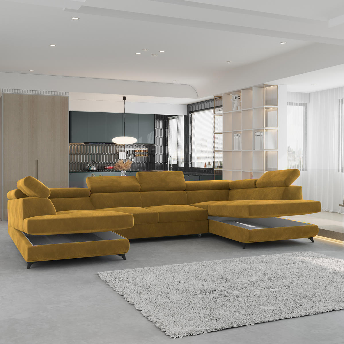 WOHNLANDSCHAFT VINTESSA Gelb Velours-Stoff mit Schlaffunktion - Gelb, Holz (323/89/190cm) - MASSENO