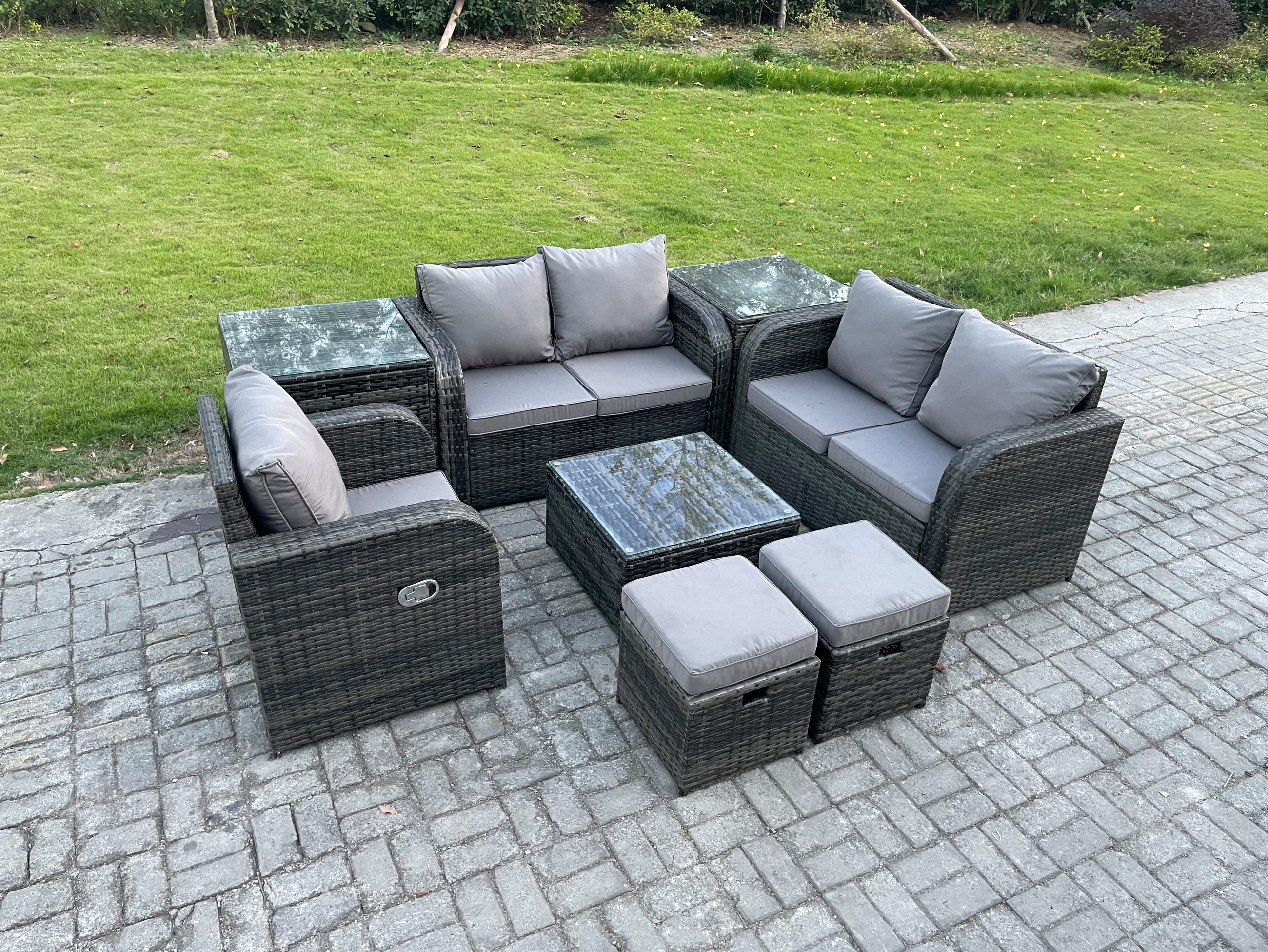 LOUNGEGARNITUR Polyrattan Dunkelgrau 7-Sitzer - Dunkelgrau, Metall - Fimous