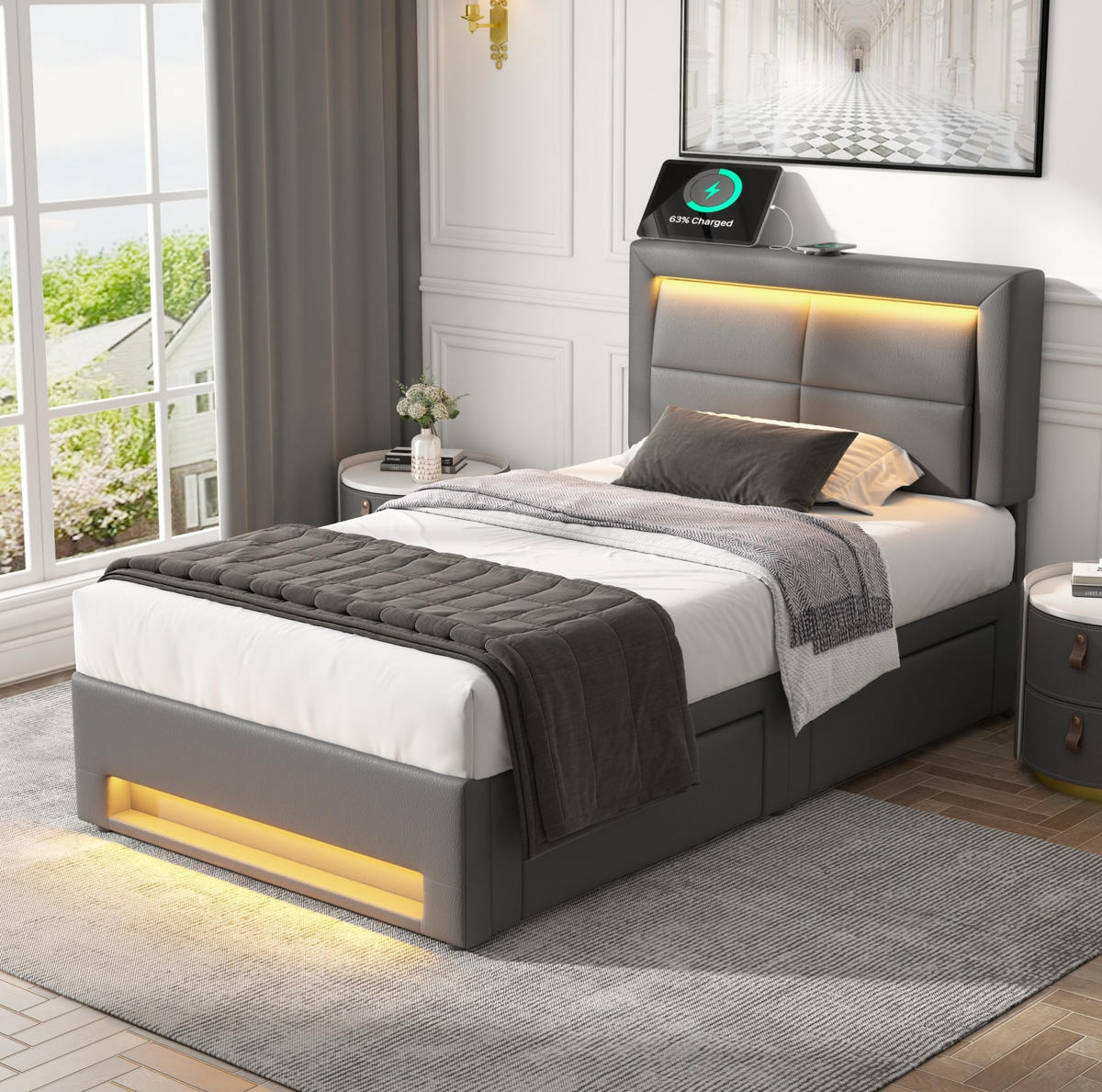 POLSTERBETT 90/200 cm Grau mit LED-Beleuchtung, USB-Ladefunktion und 4 Schubladen - Grau, Kunststoff (90/200cm) - Flora Grace
