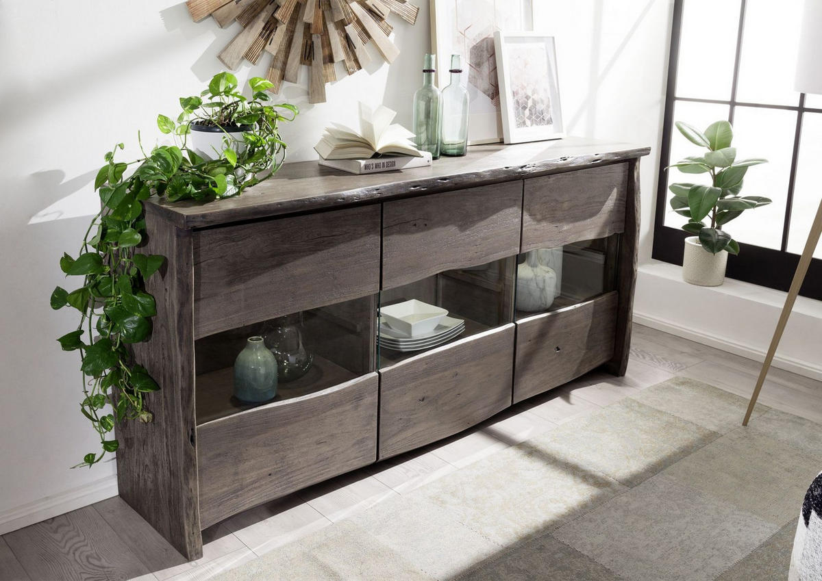 SIDEBOARD Akazie 191x45x96 grau lackiert PURE ACACIA #908 - Grau, Holz (191/96/45cm) - Massivmoebel24