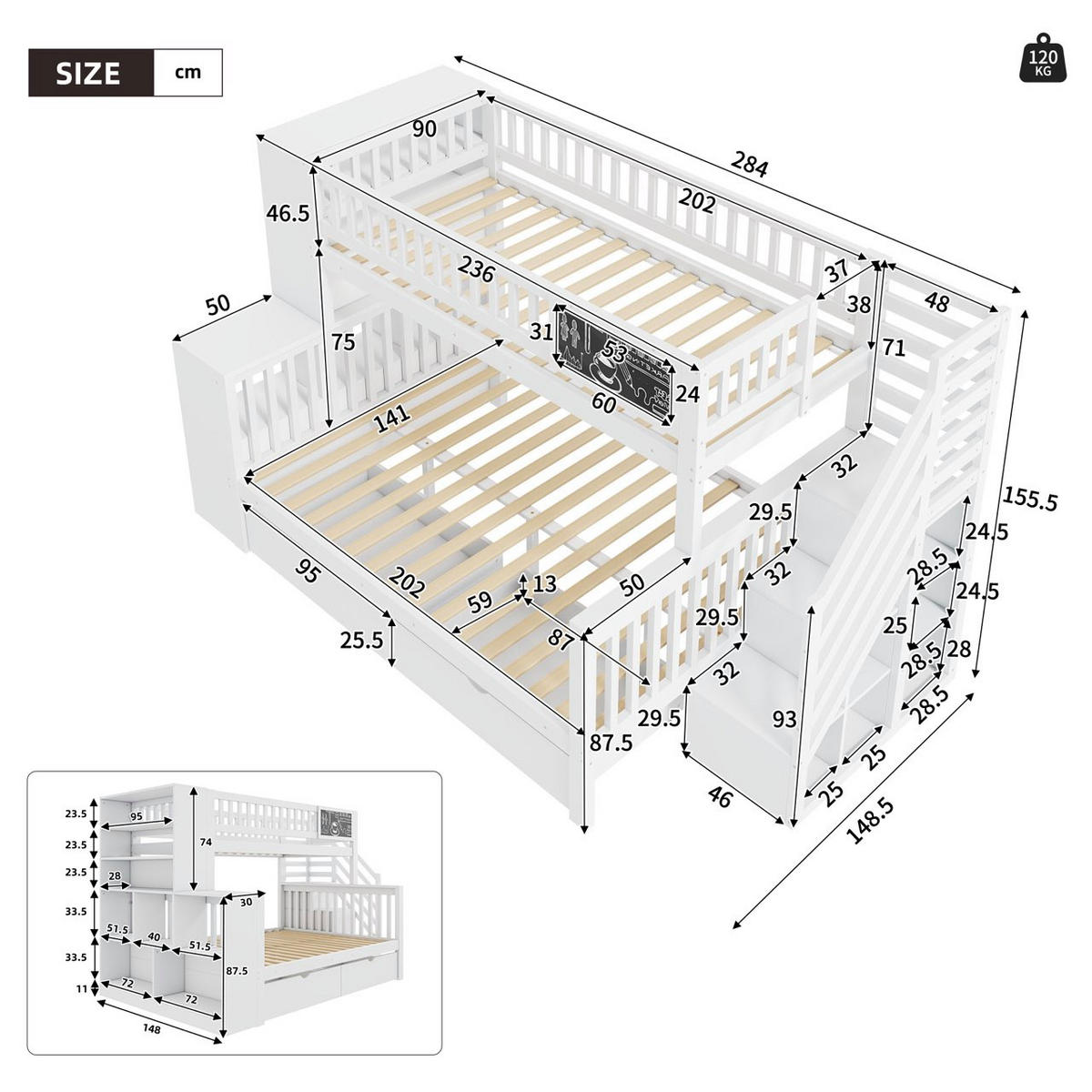 ETAGENBETT 140/200 cm mit Treppe und Aufbewahrungseinheiten weiß - Weiß, Holz (140/200cm) - OKWISH